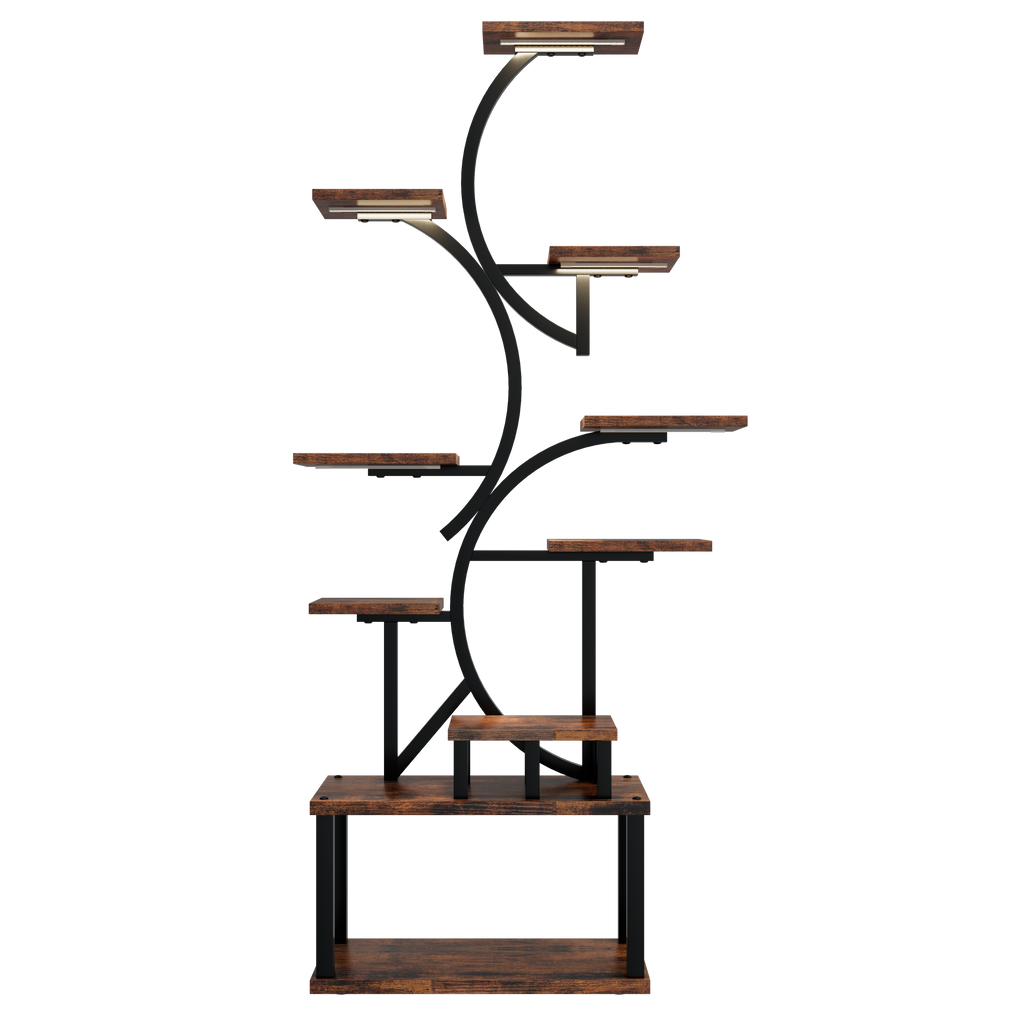 S-Shaped 10-Tier Plant Stand with 5 Grow Lights in Deep Rustic Brown, MDF and Steel, 68.5' Tall for Indoor Plants - Grand Goldman Shop