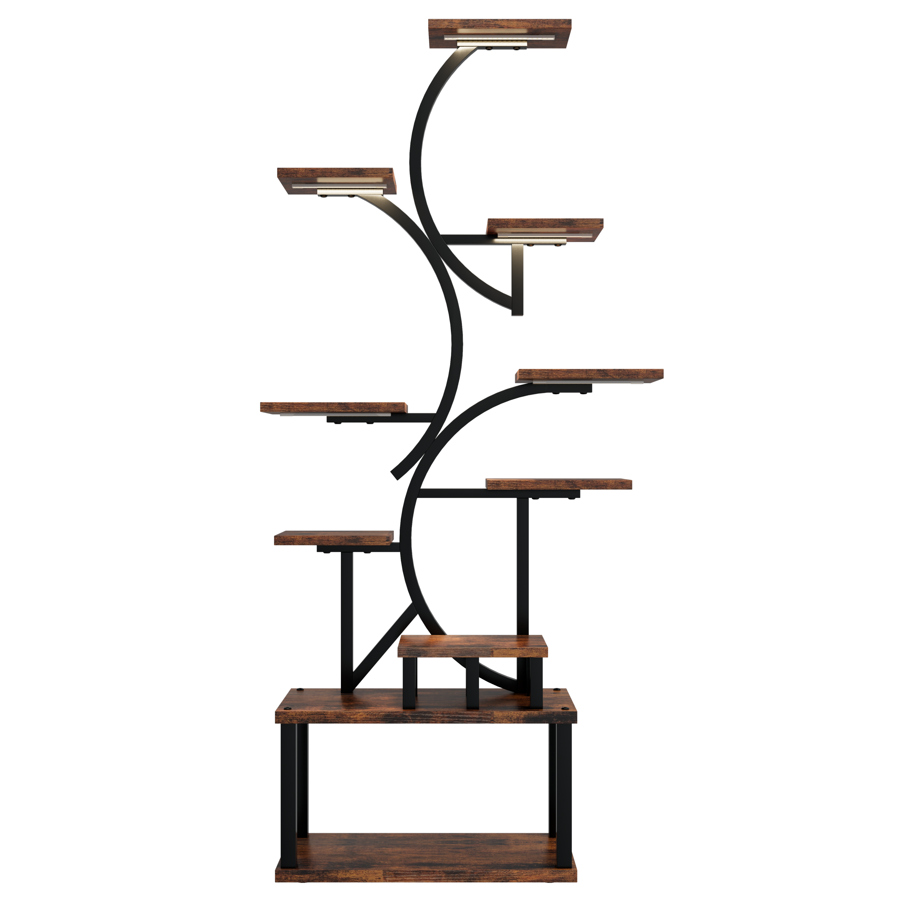 S-Shaped 10-Tier Plant Stand with 5 Grow Lights in Deep Rustic Brown, MDF and Steel, 68.5' Tall for Indoor Plants - Grand Goldman Shop