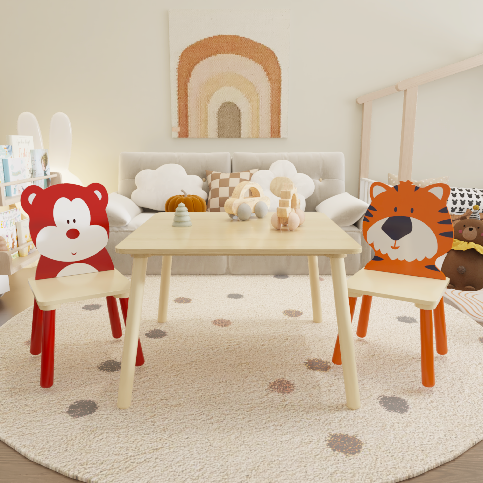 Kids Table and 2 Chairs Set, Wooden Activity Play Table Set with Bear & Tiger Design in White & Orange, Solid Wood and MDF Co