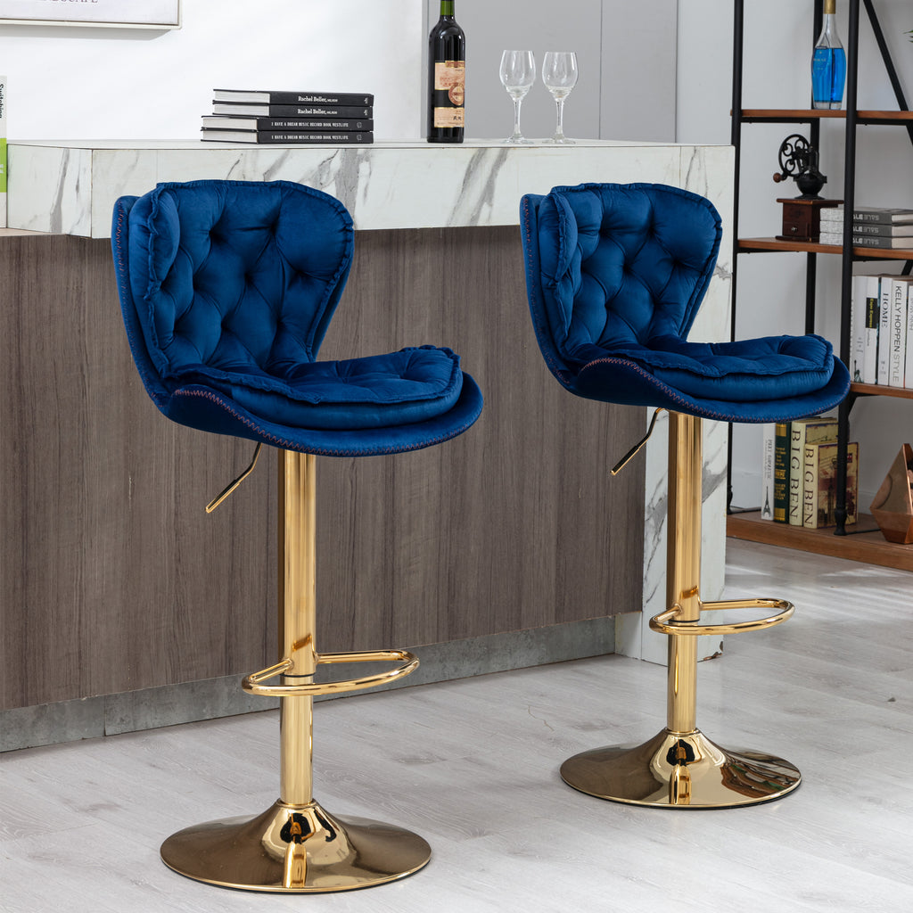 Set of 2  Bar Stools,with Chrome Footrest and Base Swivel Height Adjustable Mechanical Lifting Velvet + Golden Leg Simple Bar Stool-blue - Grand Goldman Shop