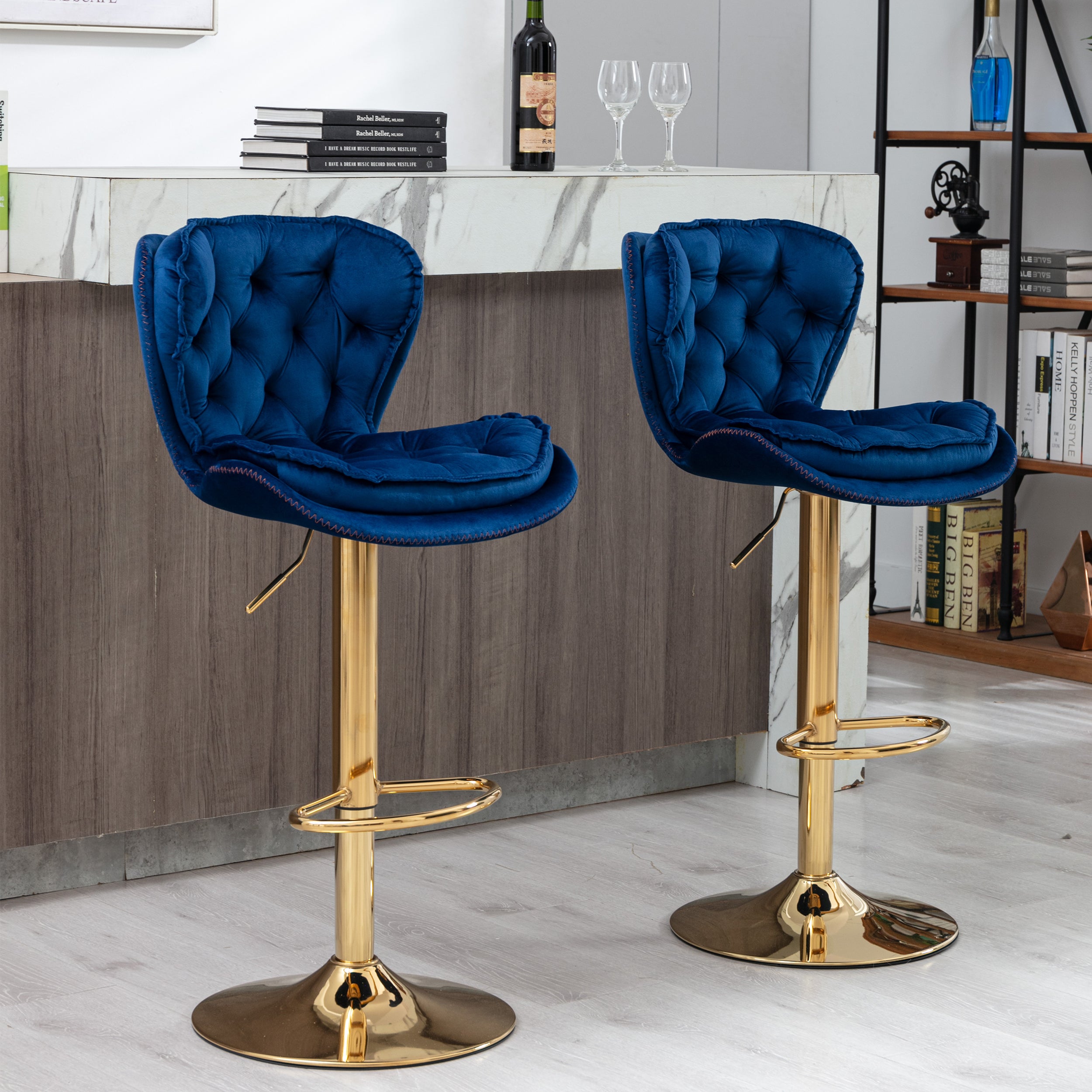 Set of 2  Bar Stools,with Chrome Footrest and Base Swivel Height Adjustable Mechanical Lifting Velvet + Golden Leg Simple Bar Stool-blue - Grand Goldman Shop