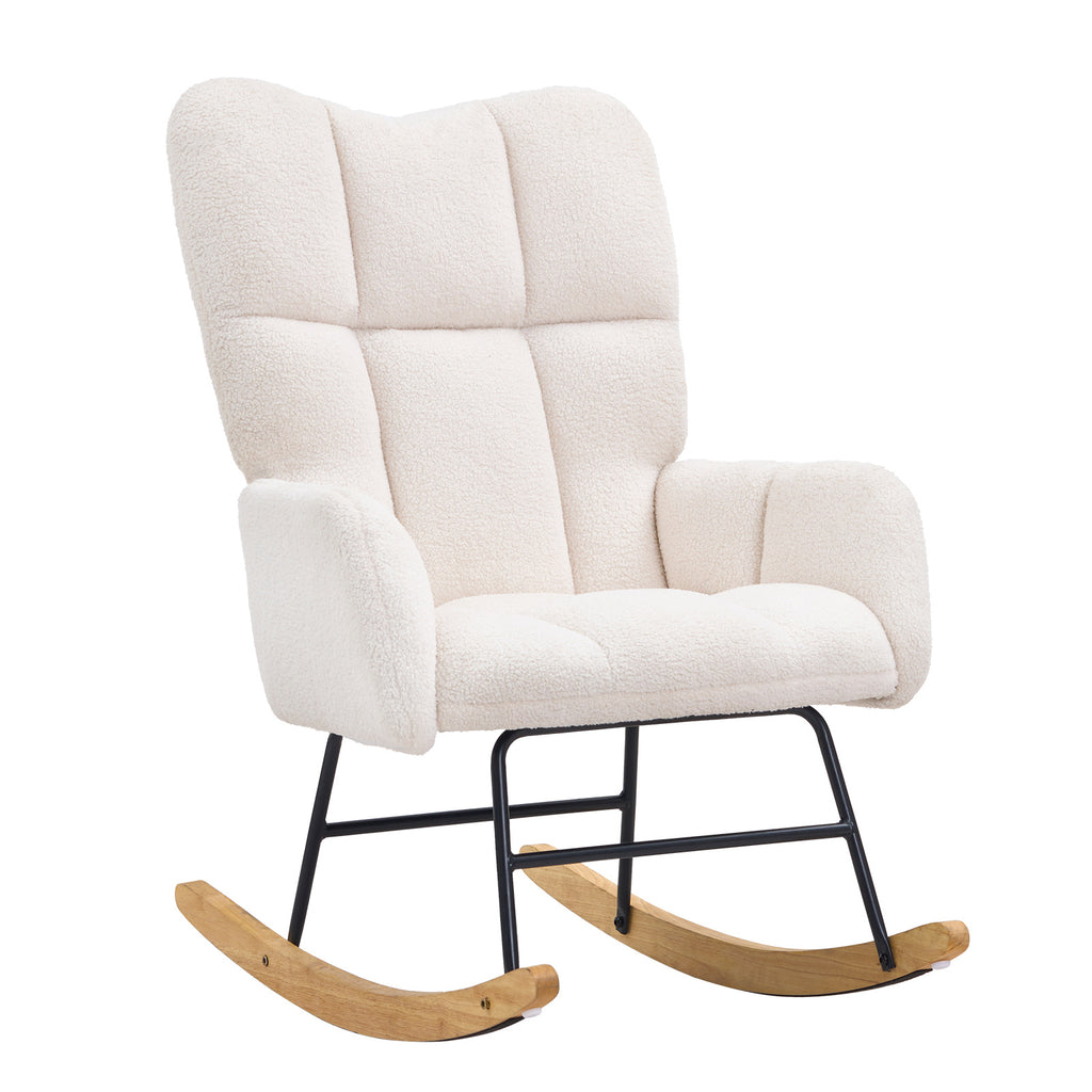 Rocking Chair Nursery, Glider Rocking Chair with Soft Seat and High Backrest, 250 lbs Weight Capacity Teddy Fabric, Upholstered Glider Rocker Chair for Nursery, Bedroom, Living Room, Ivory White - Grand Goldman Shop