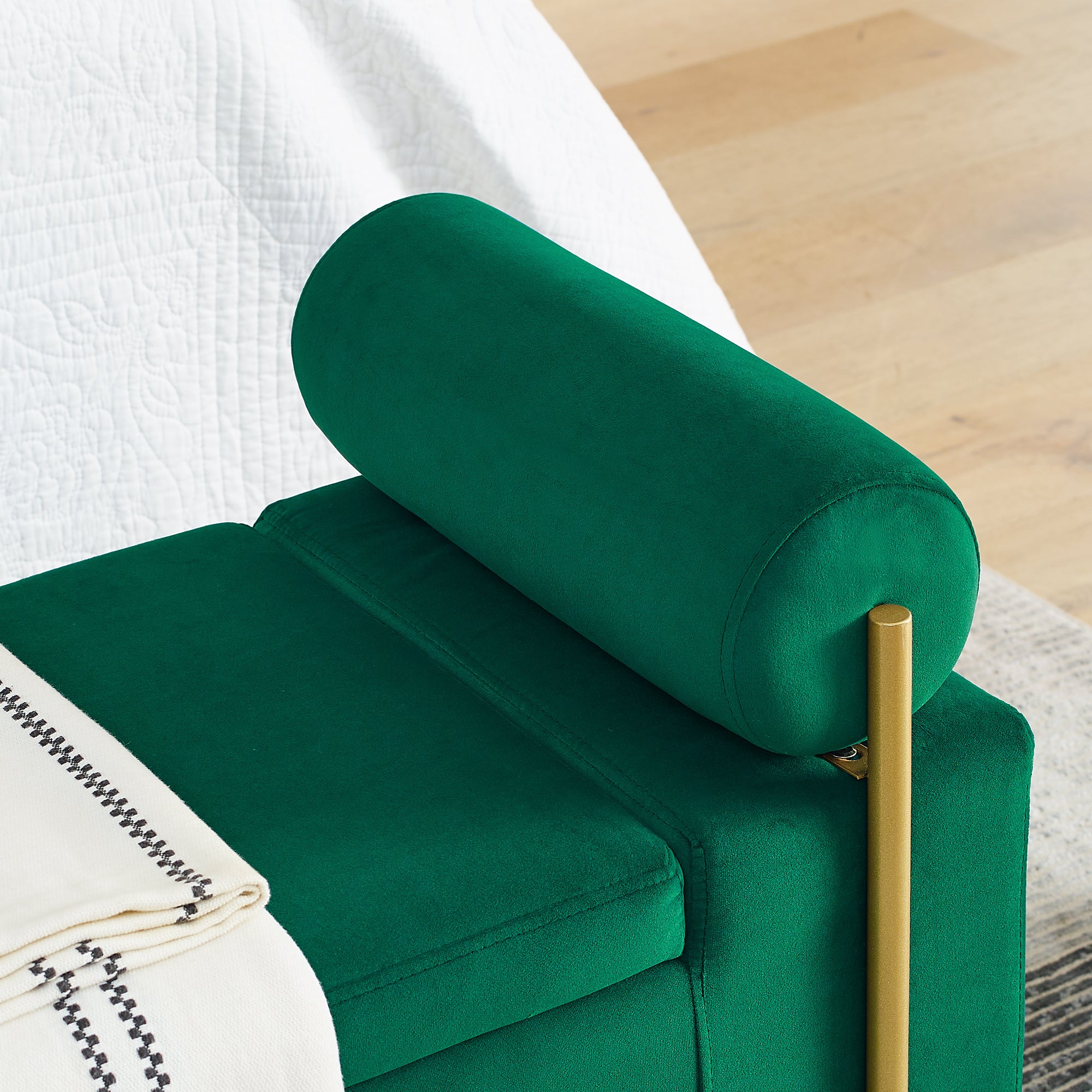 Elegant Upholstered Velvet Storage Bench with Cylindrical Arms and Iron Legs, Green - Grand Goldman Shop