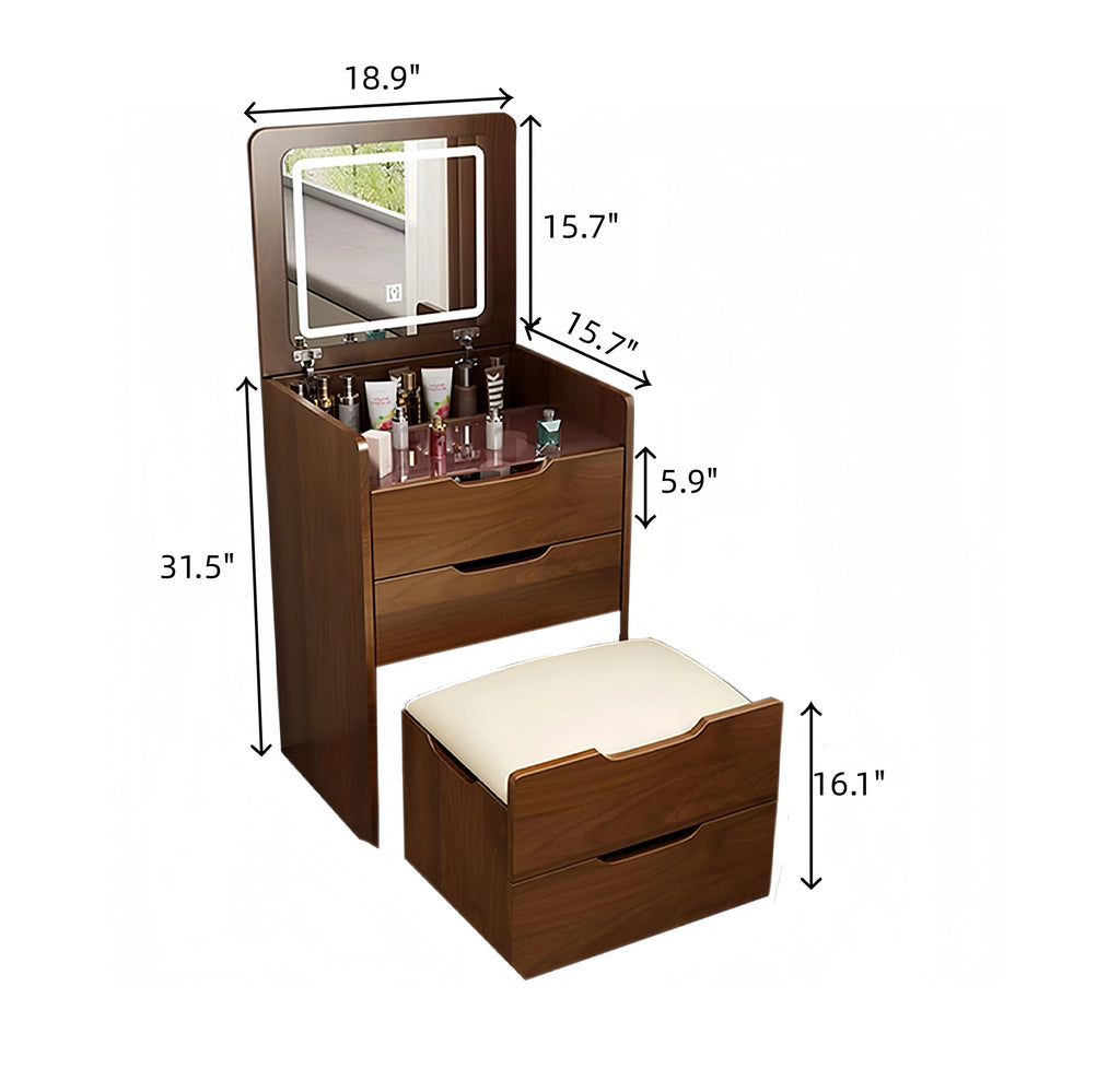 (48cm)(Walnut) 3 in 1 Vanity Desk with Plip Top Mirror,Small Make Up Vanity Set with Visible Glass Desktop, Compact Makeup Vanity with 3 Drawers, Dressing Table - Grand Goldman Shop
