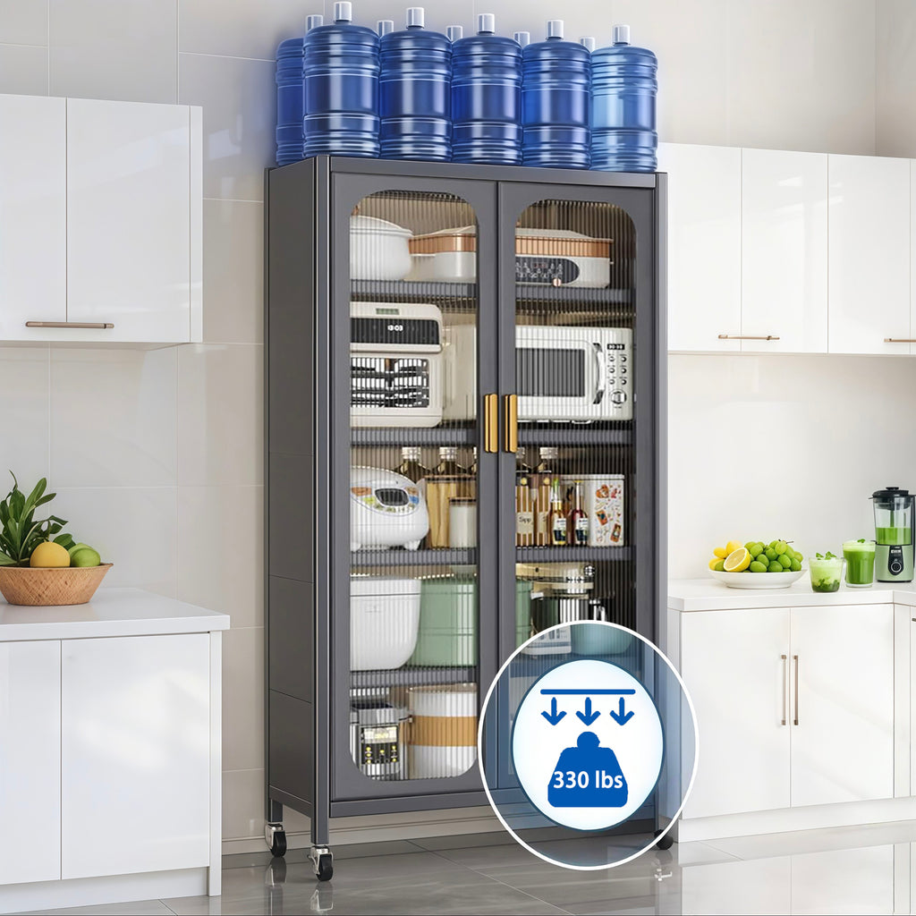 65'  Metal 6-Tier Storage Cabinet with Transparent Door, Adjustable Shelves & Wheels, for Kitchen Pantry Organization, Gray Metal - Grand Goldman Shop