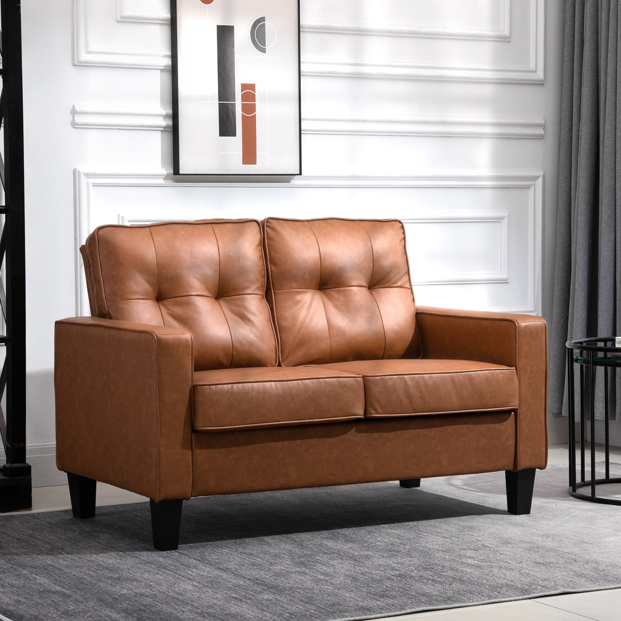 HOMCOM 51' Wide Loveseat with Armrest, 2-Seater Tufted PU Leather Double Sofa, Brown - Grand Goldman Shop