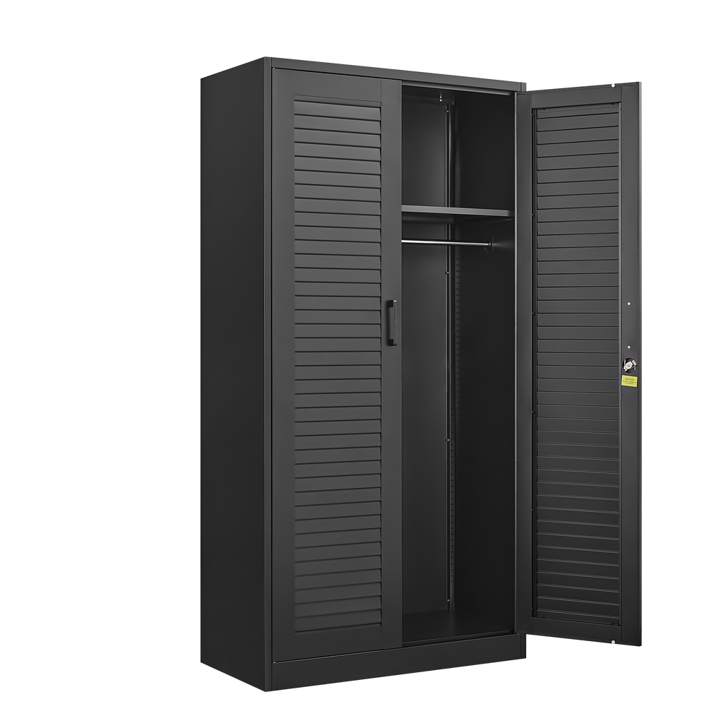 Wide & Deep Metal Storage Cabinet with Hanging Rod,Black Broom Closet Storage Cabinet with Lock, Tall Wardrobe Cabinets with 
