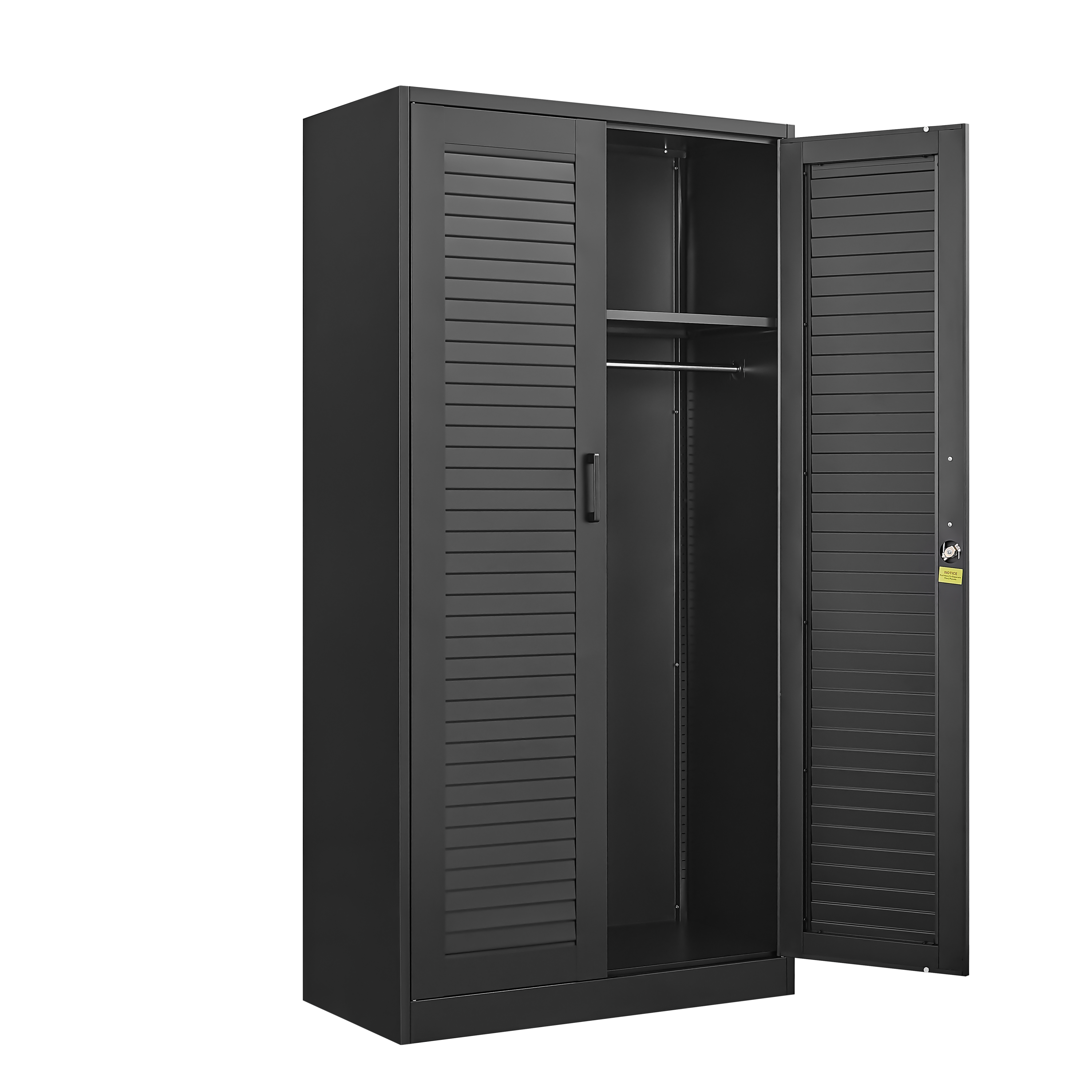 Wide & Deep Metal Storage Cabinet with Hanging Rod,Black Broom Closet Storage Cabinet with Lock, Tall Wardrobe Cabinets with 