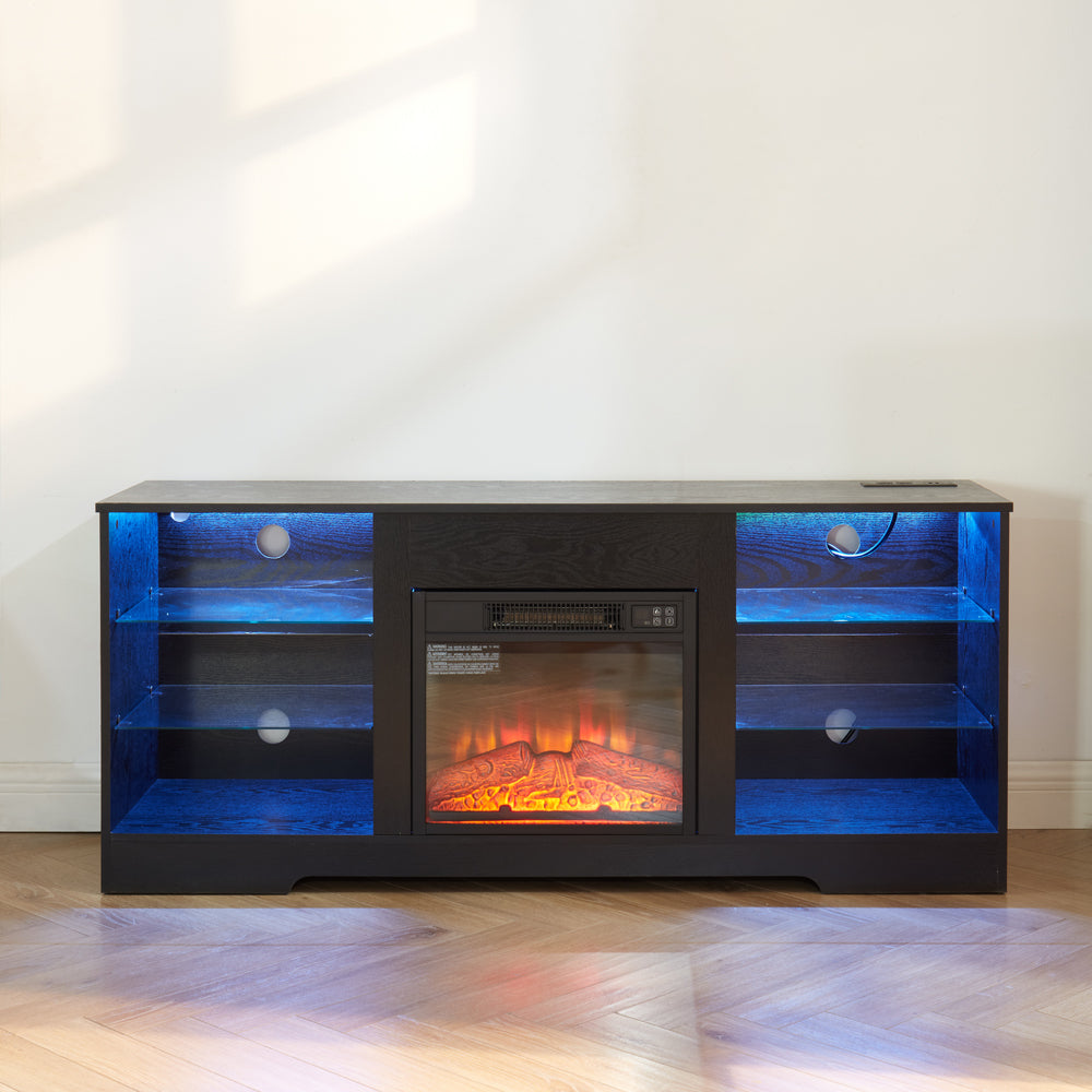 TV Stand Electric Fireplace TV Stand with Glass Shelves, 3D Fireplace TV Stand with LED Lights Wood with USB Charging Outlet Modern Television Table Center for TV up to 32-62' Black 58''W*15.4''D*24.6 - Grand Goldman Shop