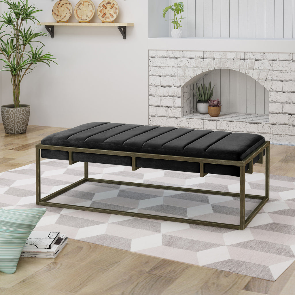 Upholstered Velvet Ottoman Bench with Brass Finish, Black - Grand Goldman Shop