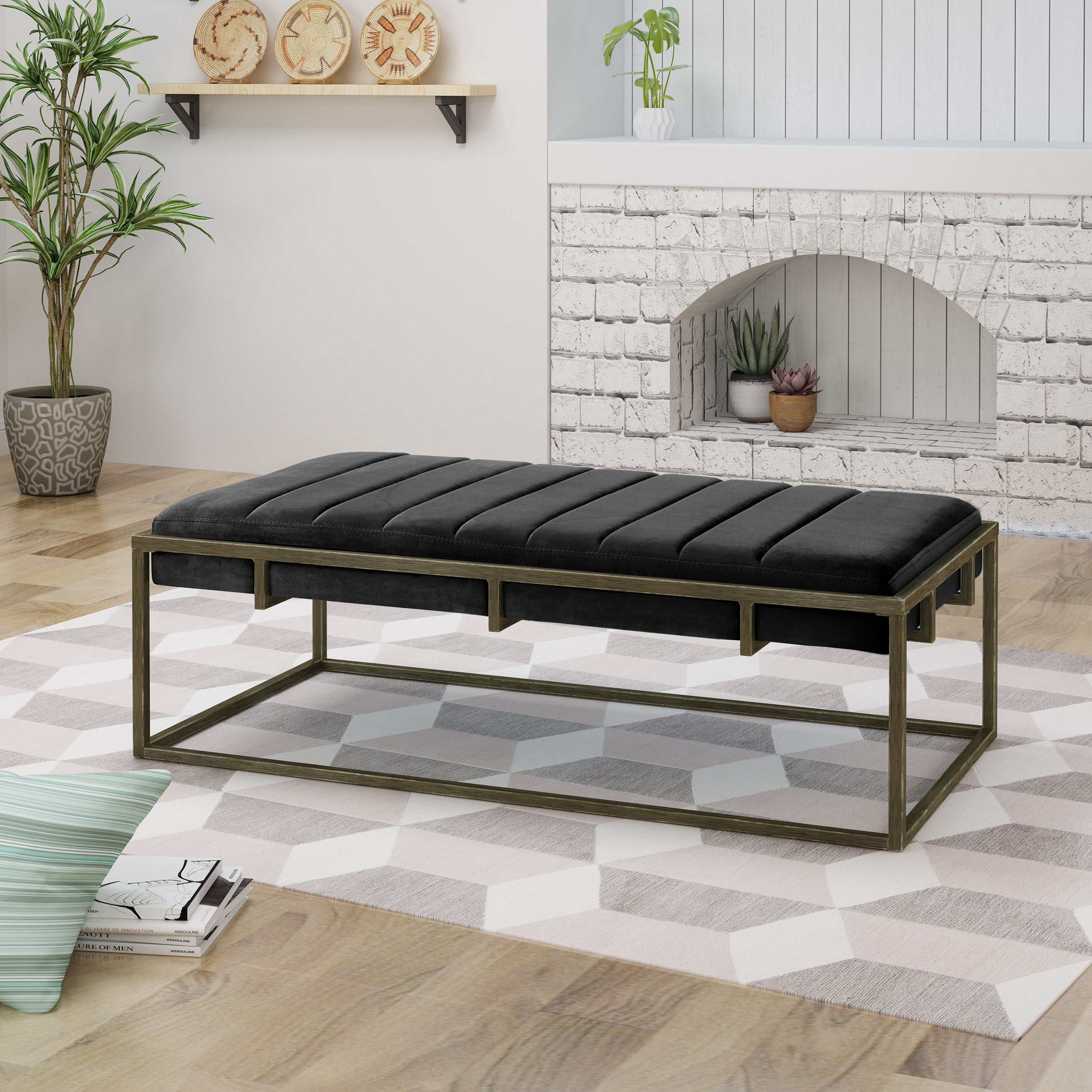Upholstered Velvet Ottoman Bench with Brass Finish, Black - Grand Goldman Shop