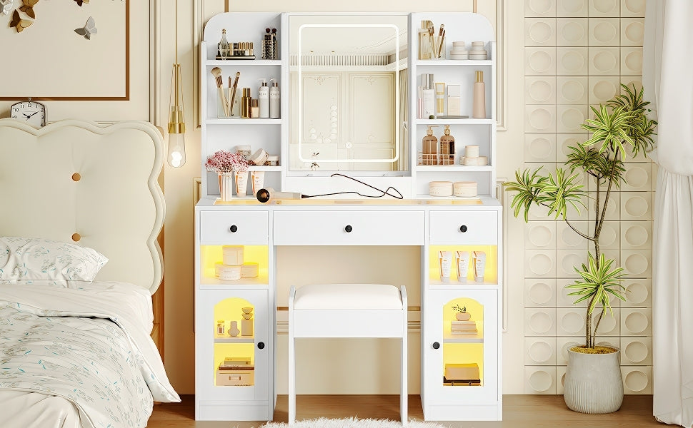 43.2' Vanity Desk with LED Mirror and Lights, Glass Top Vanity with RGB Glass Light Cabinets, Dressing Table with 3 Drawers ,Storage Shelves and Stool for Bedroom, White - Grand Goldman Shop