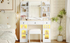 43.2' Vanity Desk with LED Mirror and Lights, Glass Top Vanity with RGB Glass Light Cabinets, Dressing Table with 3 Drawers ,Storage Shelves and Stool for Bedroom, White - Grand Goldman Shop