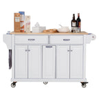 Kitchen Island with Rubber wood Countertop, Kitchen Cart on 5 Wheels with Storage Cabinet and 2 Top Drawers and A center double layered storage drawer for Dinning Room, White - Grand Goldman Shop