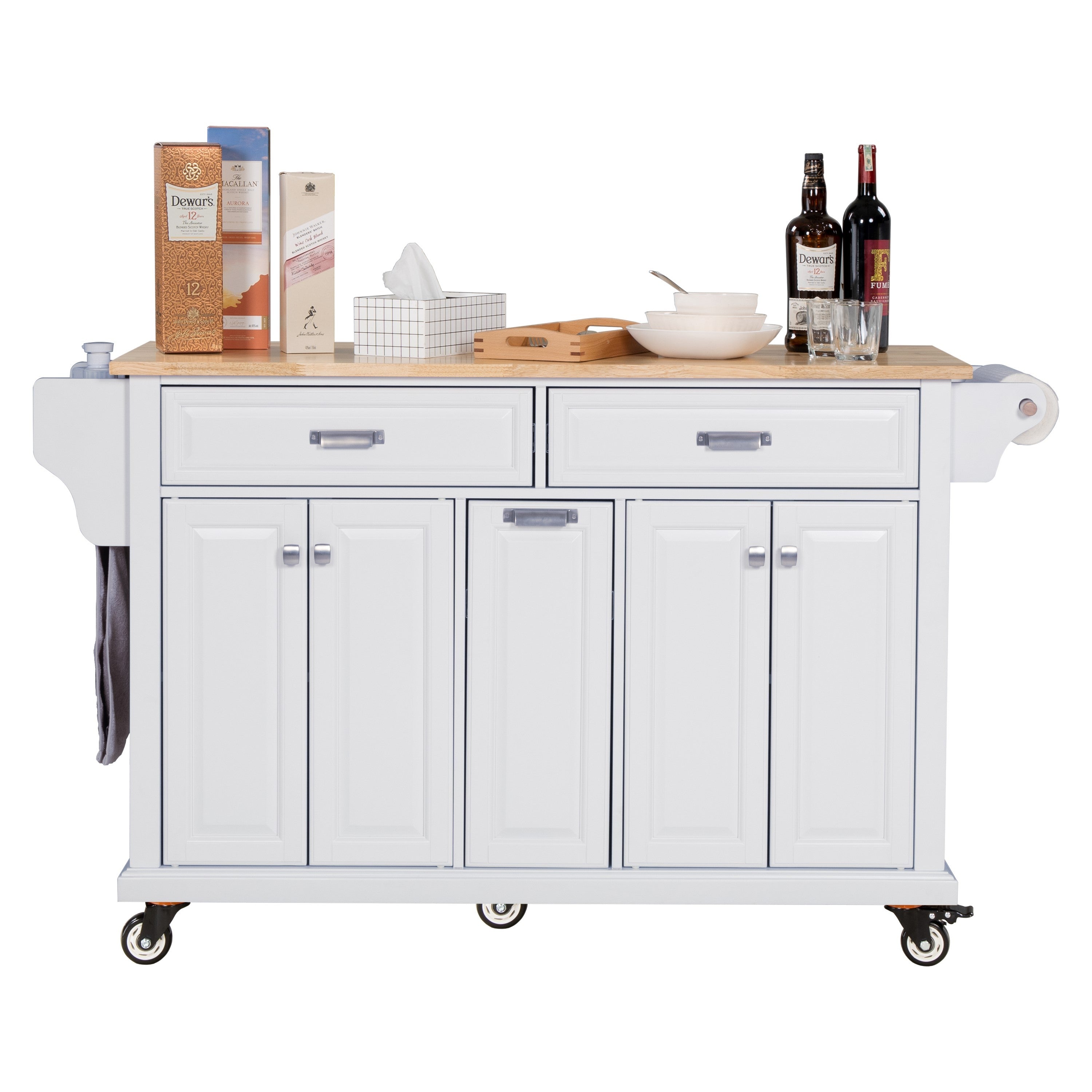Kitchen Island with Rubber wood Countertop, Kitchen Cart on 5 Wheels with Storage Cabinet and 2 Top Drawers and A center double layered storage drawer for Dinning Room, White - Grand Goldman Shop