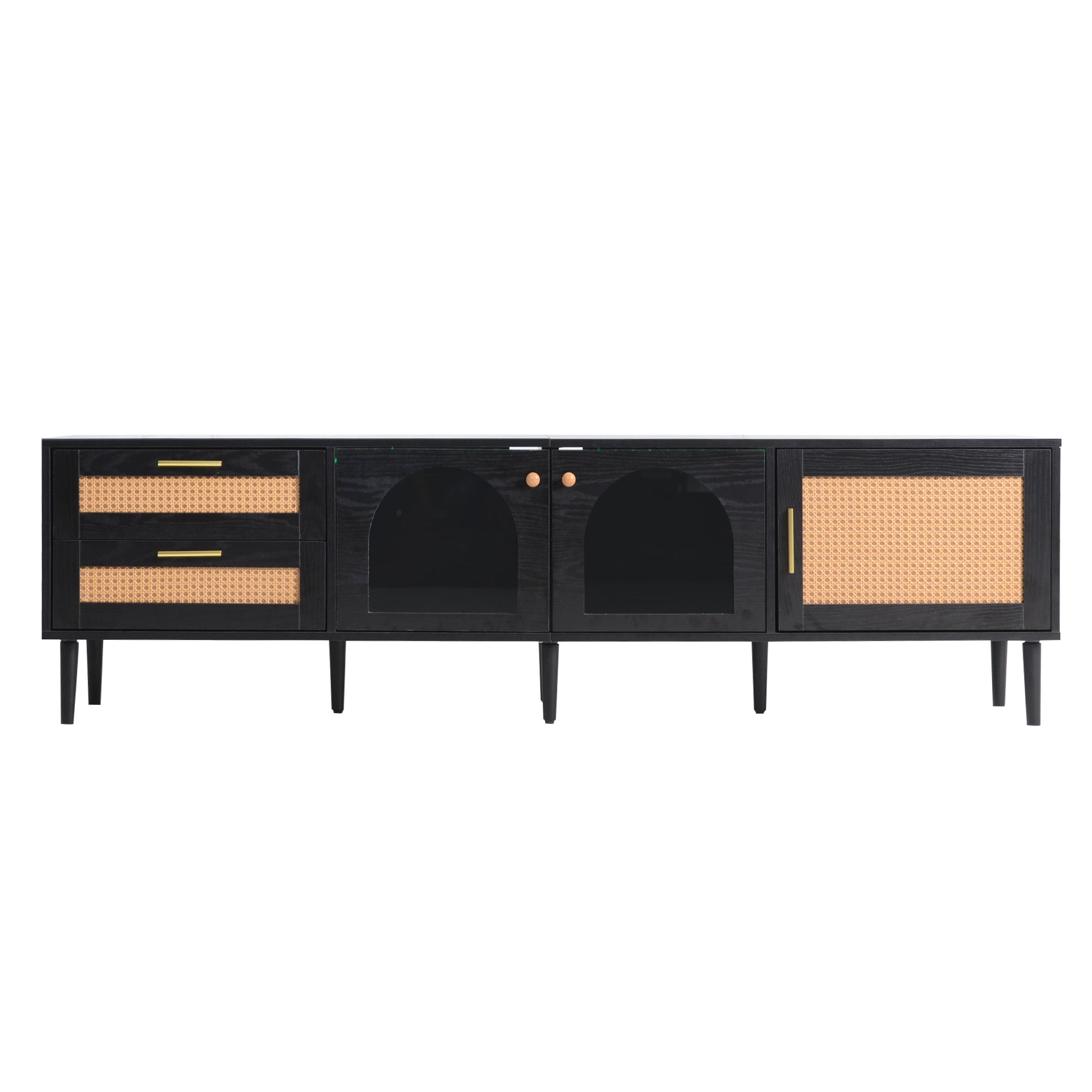Black Rattan-inspired TV Stand with 3 Cabinets & 2 Drawers, MDF and Solid Wood Media Console for TVs up to 80'', Modern Living Room Entertainment Center - Grand Goldman Shop