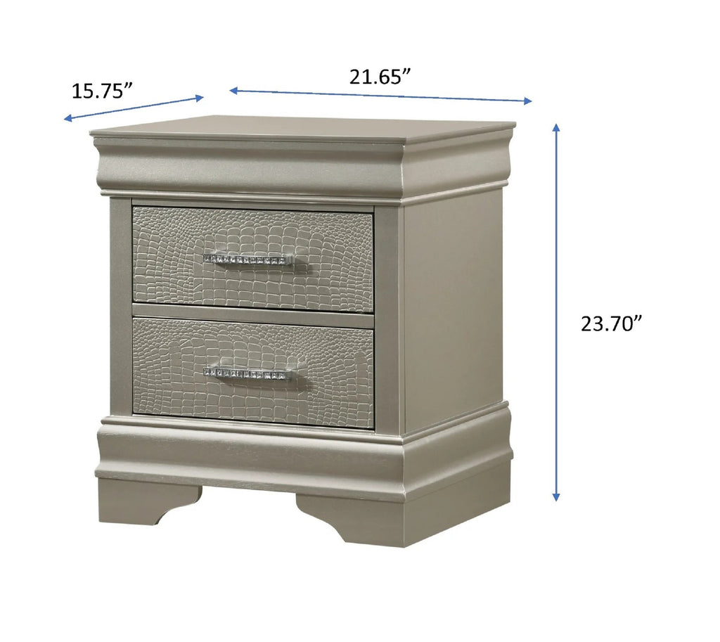 1pc Modern Glam Style Two Drawers Nightstand Champagne Finish Solid Wood Crystal-Like Diamond Tufted Crocodile Texture Bedroom Furniture - Grand Goldman Shop