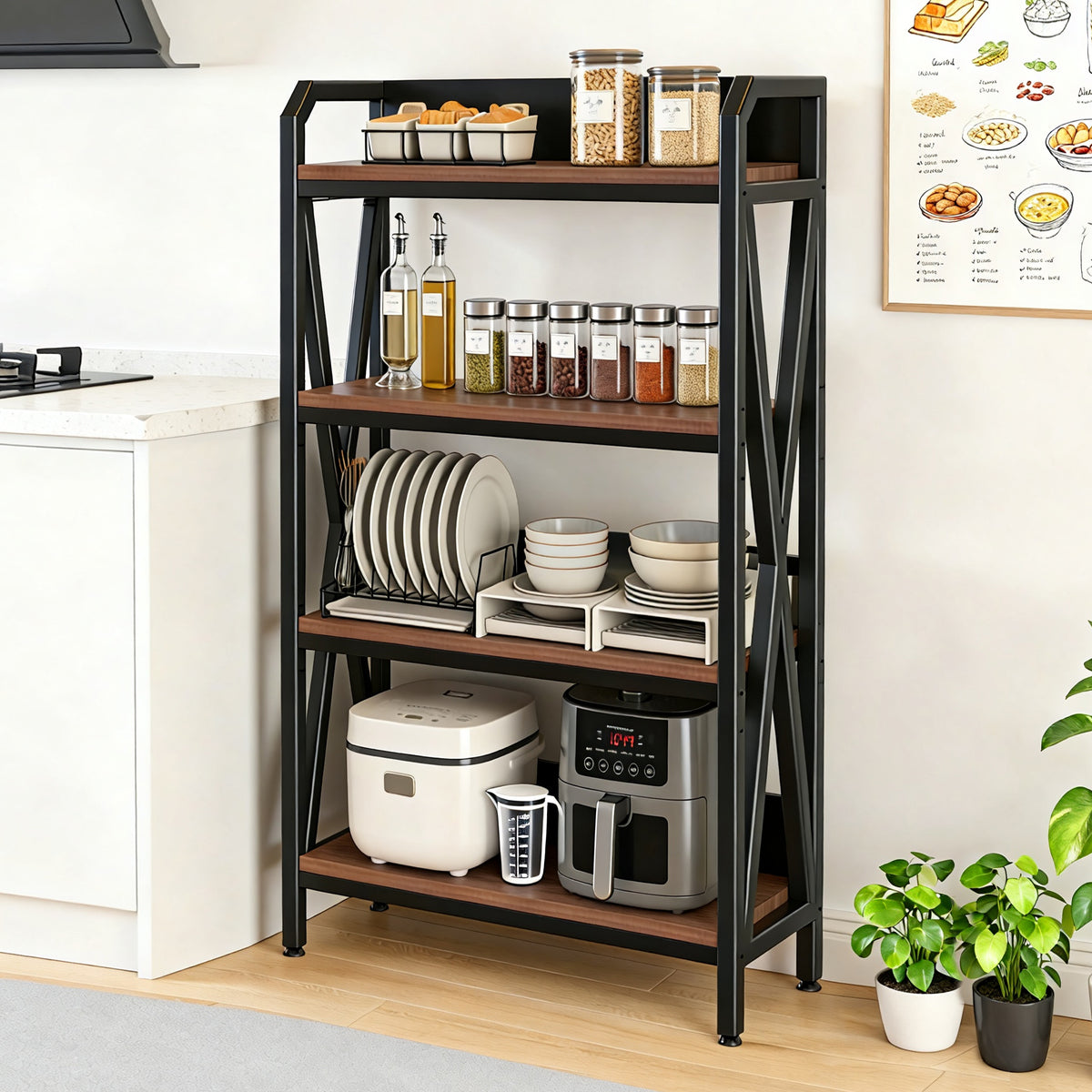 56.30'' Bakers Rack 4-Level Storage Shelves Metal and Wooden Kitchen Shelves, Kitchen Organizers and Storage, for Garage, Pantry, Bathroom, Closet ,33.50'' Length - Grand Goldman Shop