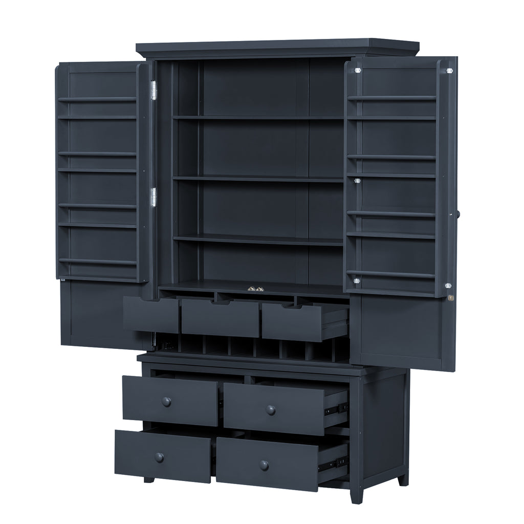 [Assembly&Show Video Available] TOPMAX Freestanding Large Kitchen Pantry Wooden Kitchen Storage Cabinet Cupboard with 8 Door Shelves,3 Adjustable Shelves,7 Drawers& 8 Wine Racks, Gray - Grand Goldman Shop