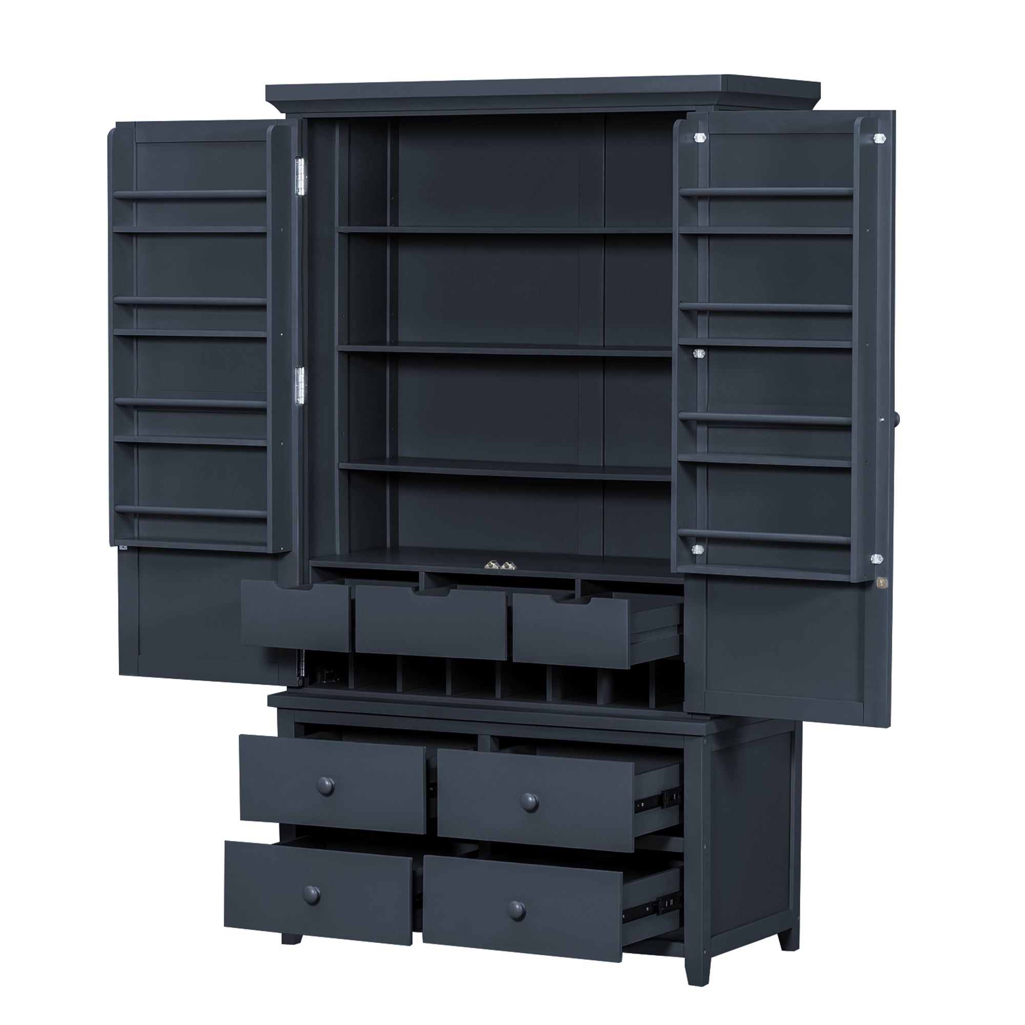 [Assembly&Show Video Available] TOPMAX Freestanding Large Kitchen Pantry Wooden Kitchen Storage Cabinet Cupboard with 8 Door Shelves,3 Adjustable Shelves,7 Drawers& 8 Wine Racks, Gray - Grand Goldman Shop