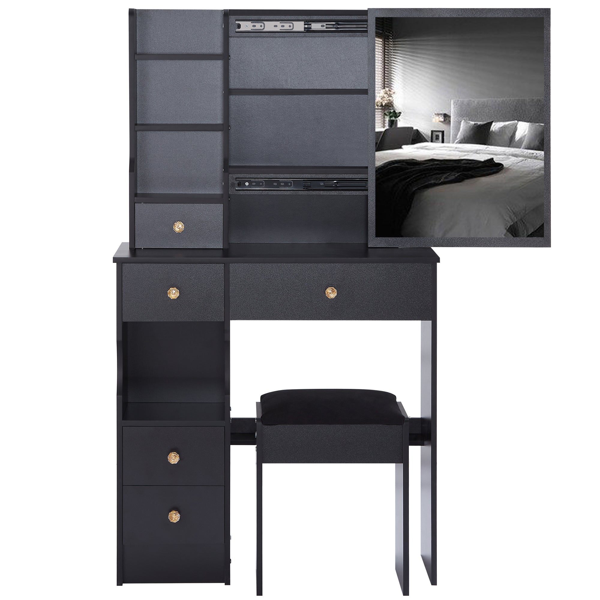 29.2' Small Space Left Drawer Desktop Vanity Table + Cushioned Stool, Extra Large Right sliding mirror, Multi Layer High Capacity Storage, Practical Fashionable Dresser, EPA, GCC, UL Certificate - Grand Goldman Shop