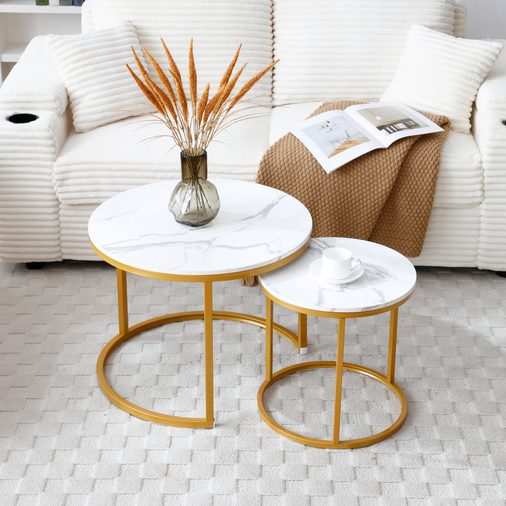 Set 2 Coffee Table Nesting White and gray top  Golden Frame Circular Round and Marble Pattern Wooden Tables, Living Room Bedroom Apartment Modern Industrial Simple Nightstand - Grand Goldman Shop