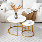 Set 2 Coffee Table Nesting White and gray top  Golden Frame Circular Round and Marble Pattern Wooden Tables, Living Room Bedroom Apartment Modern Industrial Simple Nightstand - Grand Goldman Shop