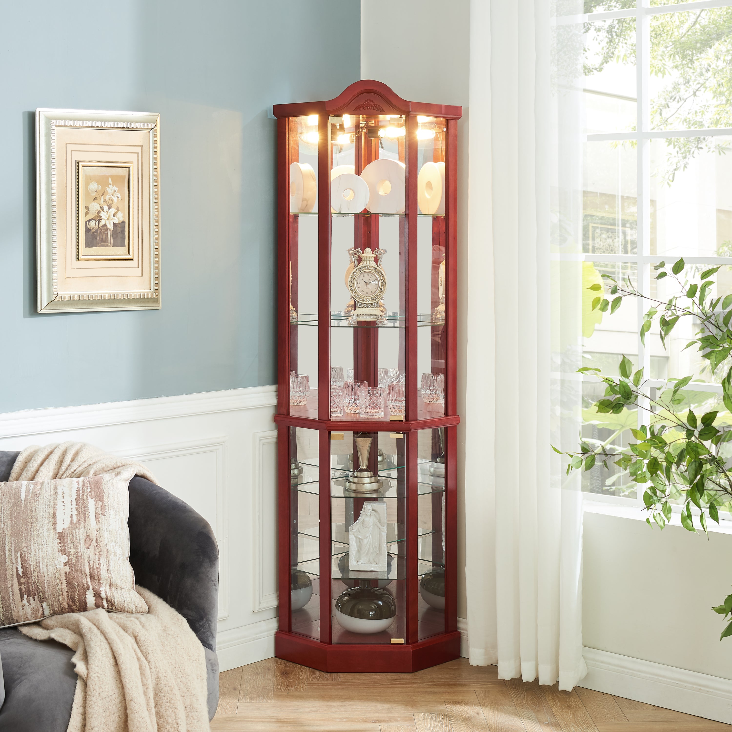 Glass Cabinet Lighted Corner Cabinet Corner Display Curio Cabinet, Glass Display With Light(Included)Bar Cabinet,Wine Cabinet with Adjustable Glass Shelves Carved Decoration Cherry Light(Included) - Grand Goldman Shop