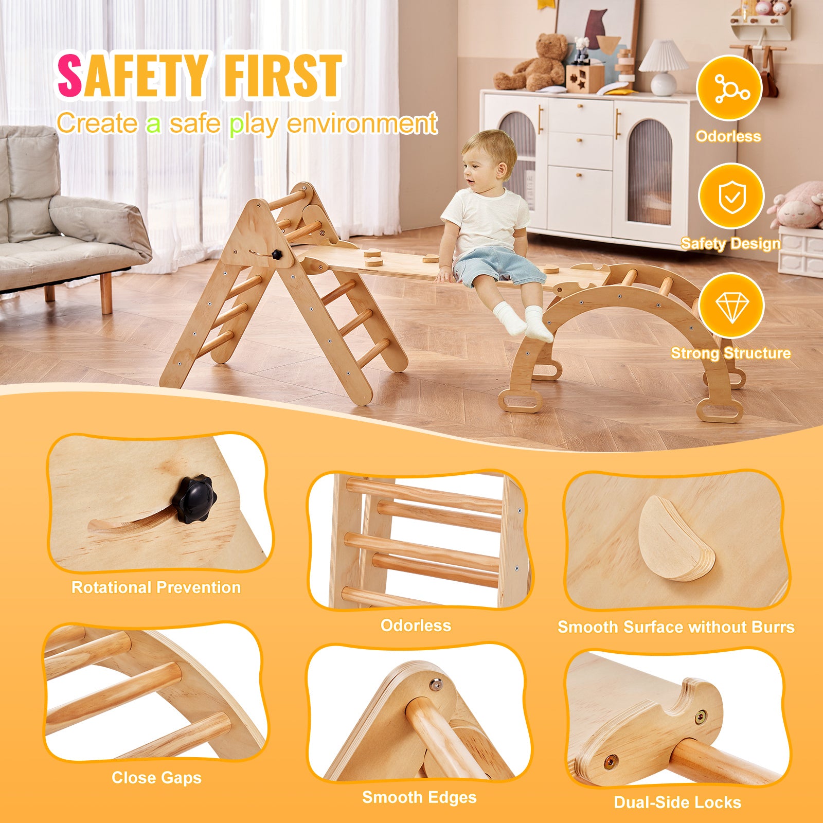 Pikler Triangle Set, 5 in 1 Toddler Climbing Toys Indoor Playground, Ramp, and Arch, Montessori Climbing Set with Triangle, M