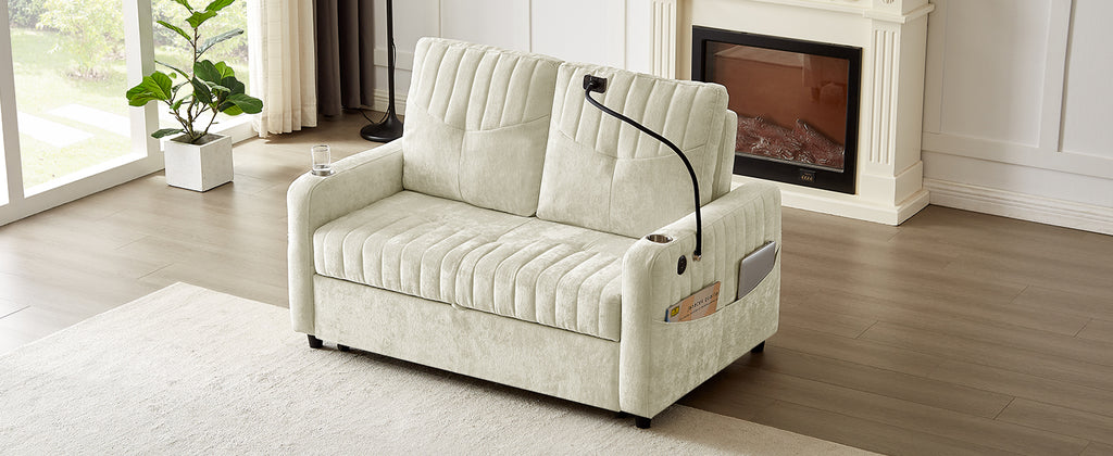 Modern 53.9' Loveseat Pull-out Sofa Bed with Adjustable Backrest, Cup Holders, Charging Ports & Side Storage in Beige Chenille - Grand Goldman Shop