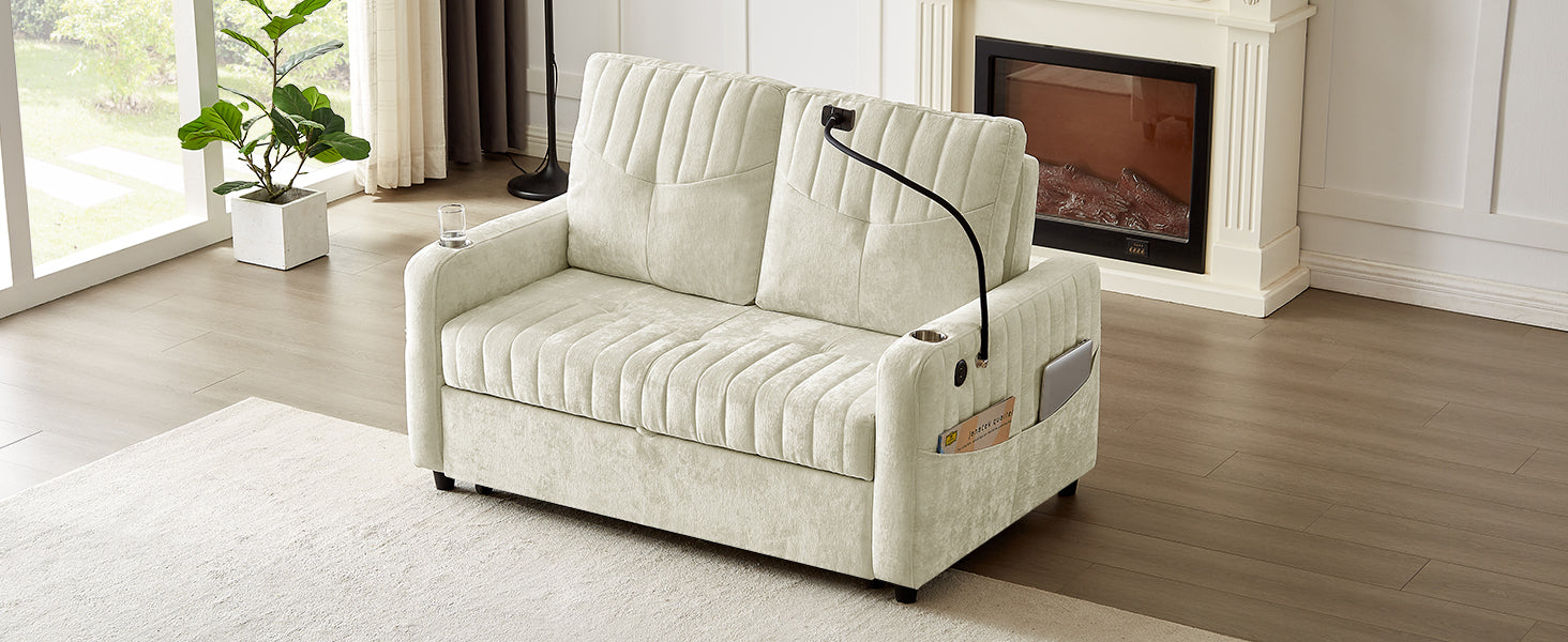Modern 53.9' Loveseat Pull-out Sofa Bed with Adjustable Backrest, Cup Holders, Charging Ports & Side Storage in Beige Chenille - Grand Goldman Shop