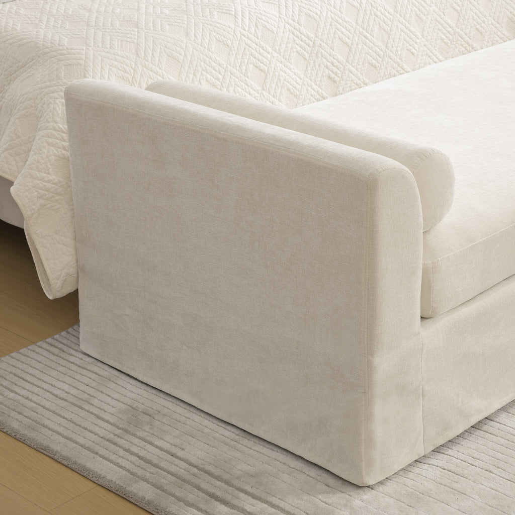 88.58' Wide Modern Bench, Bed End Bench with Armrests,Chenille Chaise Lounge Couch with 2 Bolster Pillows, Suitable For Living Rooms, Entryways, Dormitories, And Bedrooms.Beige - Grand Goldman Shop