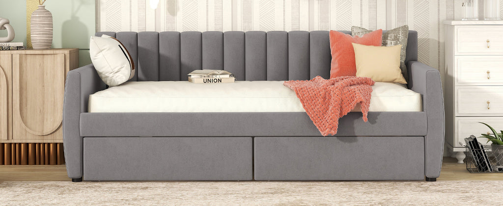 Twin Size Upholstered daybed with Drawers, Wood Slat Support, Gray - Grand Goldman Shop