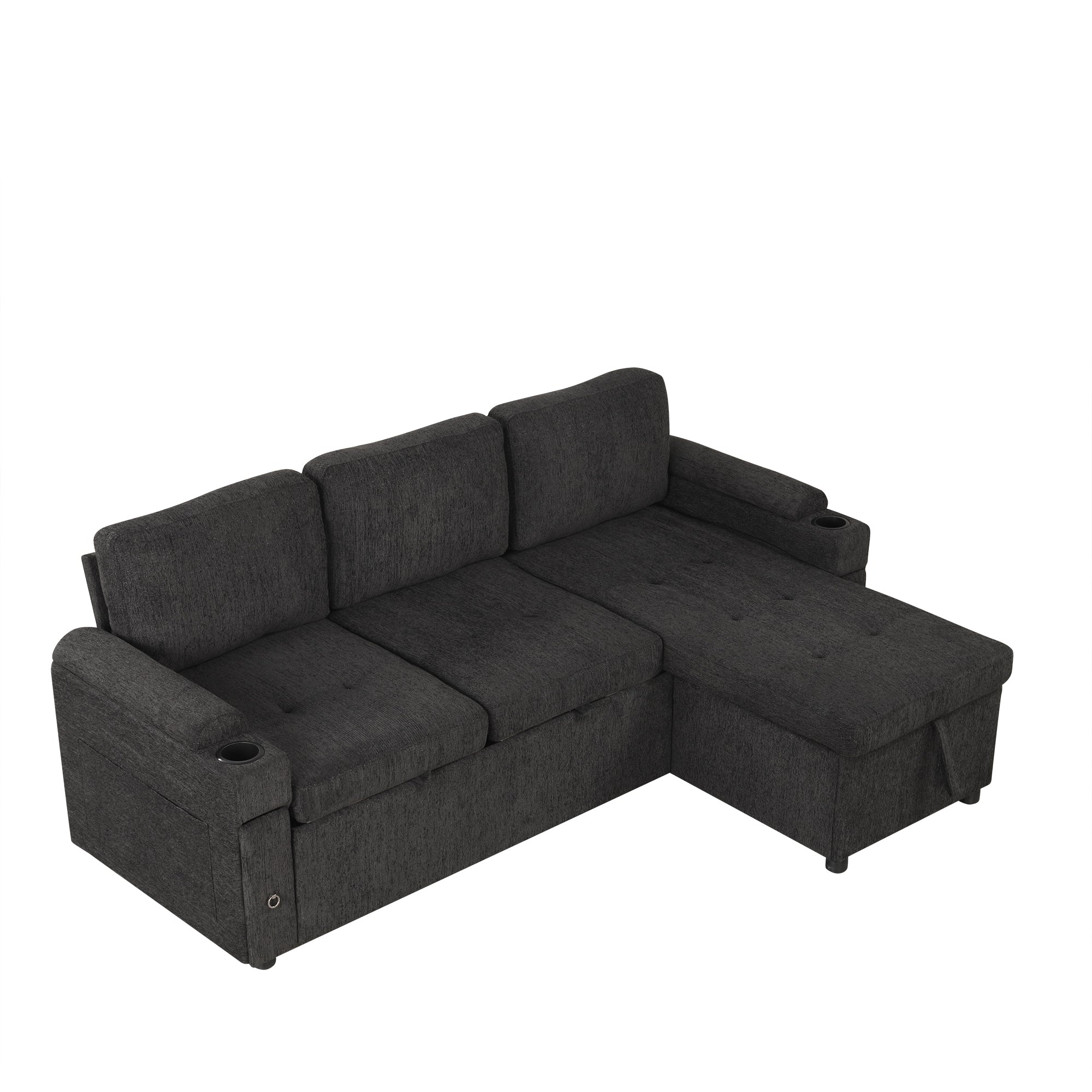 Black Convertible L-shaped Sofa Couch with Storage, Cup Holders, USB Ports, Chenille Fabric, 83.5' - Grand Goldman Shop