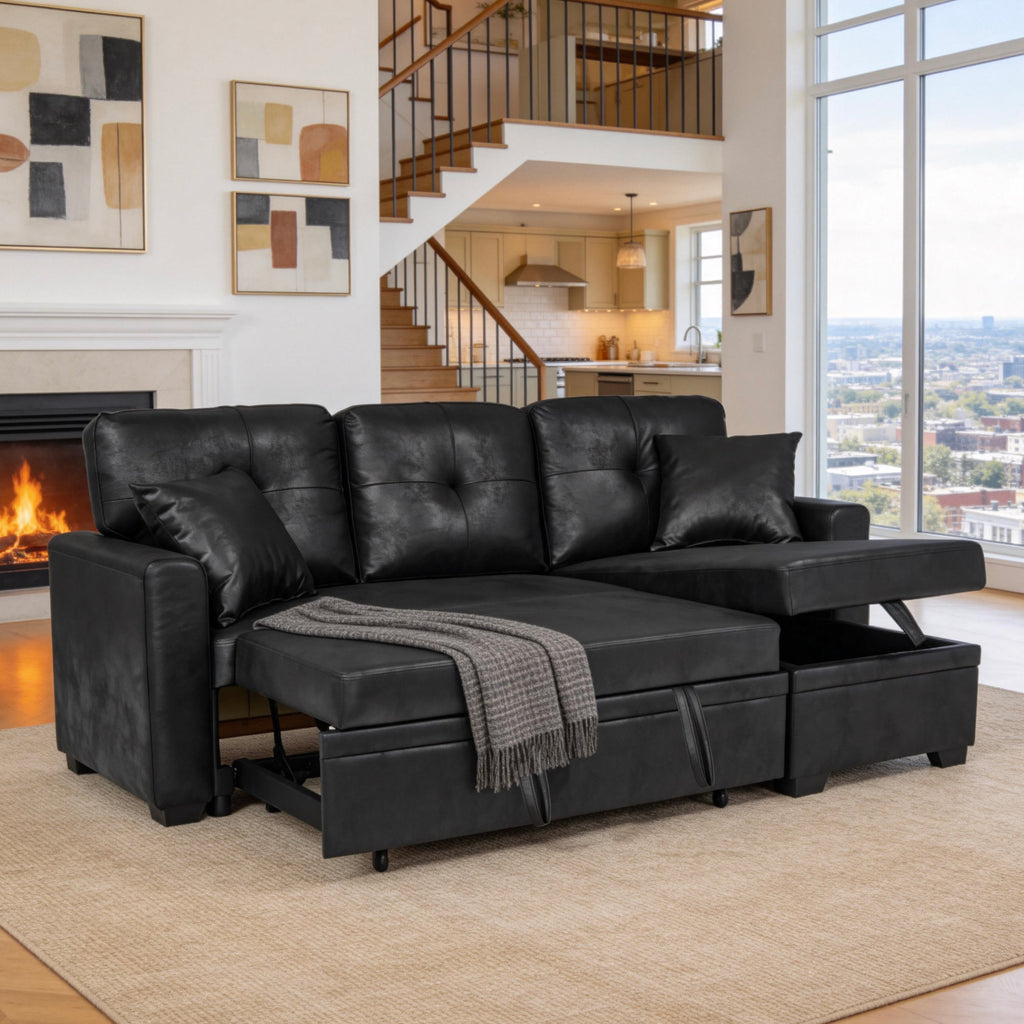 Sleeper Sofa, Sectional with Pull-Out Bed, Reversible Chaise, Storage Sectional, Foil Fabric, Small Space Solution, Convertible Sofa Bed - Grand Goldman Shop