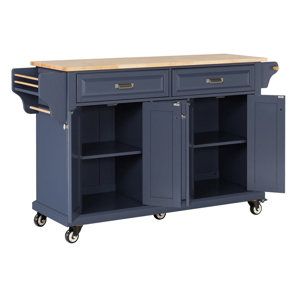 Kitchen Island with Rubber wood Countertop, Kitchen Cart on 5 Wheels with Storage Cabinet and 2 Top Drawers and A center double layered storage drawer for Dinning Room, Blue - Grand Goldman Shop