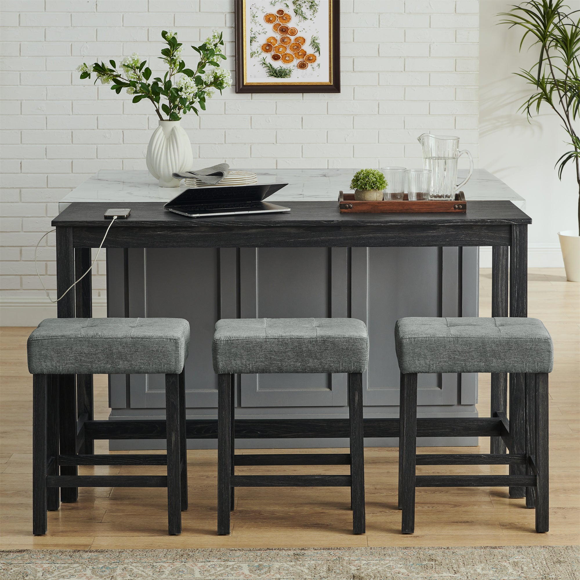 59 Inch Bar Table, Dining Table, Sofa Table with Power Outlet, 3 Upholstered Stools, 4 Piece Bar Table and Chair Set for Living Room, Dining Room, Kitchen - Grand Goldman Shop
