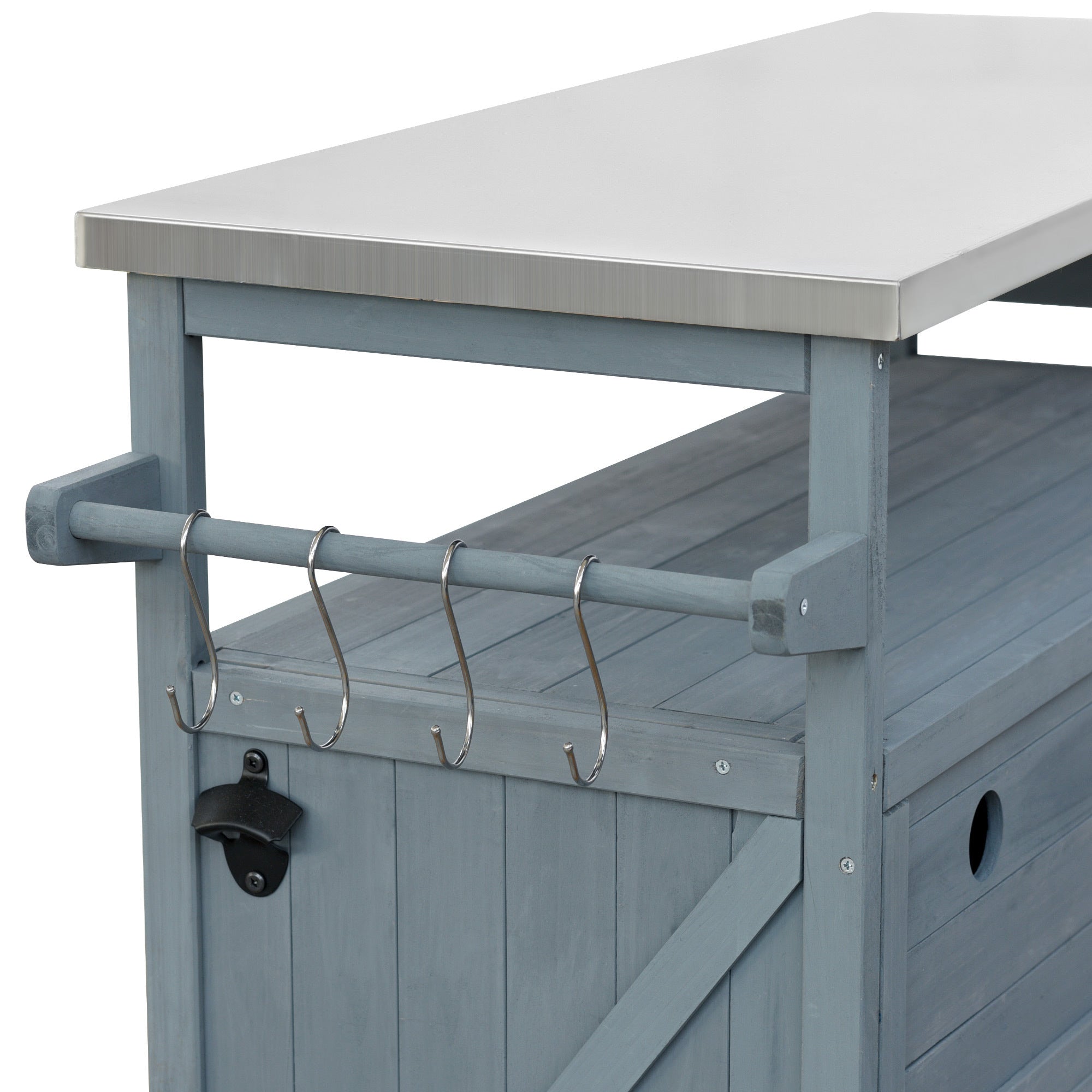 K&K Outdoor Kitchen Island, Rolling Bar Cart & Storage Cabinet, Farmhouse Solid Wood Outdoor Grill Table with Stainless Steel Top, Spice Rack , Towel Rack for Kitchen & BBQ , Grey Blue - Grand Goldman Shop