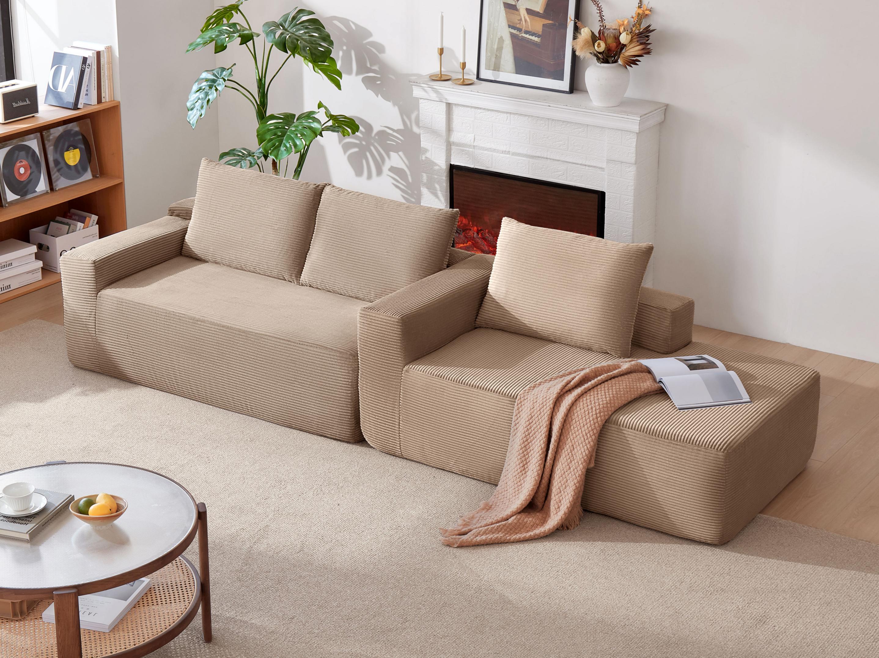 96.9' Cloud Sectional Couch with L-Shape Chaise,Modern Modular Sofa with Deep Seat, Upholstered Couches for Living Room Bedroom,No Assembly Required, (Corduroy Fabric),Camel,Right - Grand Goldman Shop