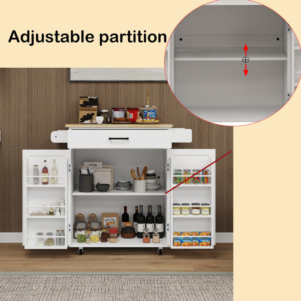 Kitchen island rolling trolley cart with 1 drawer & 2 doors with storage racks & Adjustable Shelves & towel rack & seasoning rack rubber wood table top-White - Grand Goldman Shop