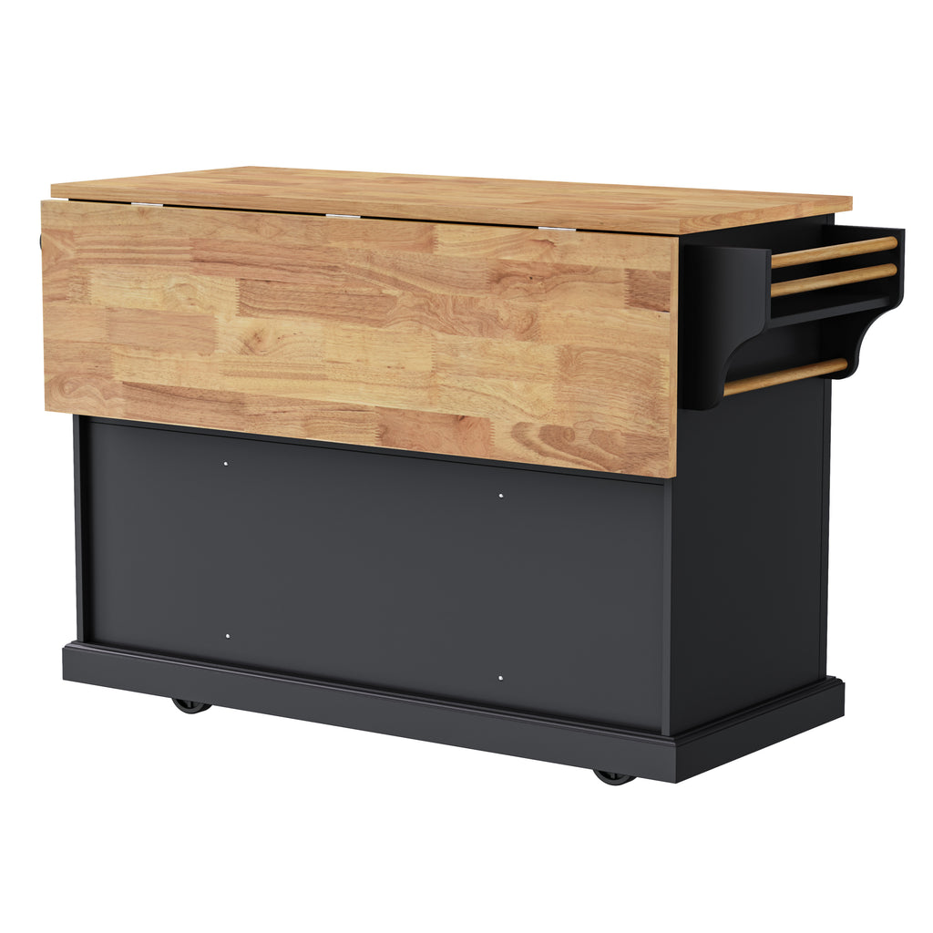 K&K 54inch Large Kitchen Island with Rubber Wood Drop Leaf, Embossed Texture Rolling Kitchen Cart on 4 Wheels with 4 Doors and 3 Drawers, Kitchen Island with Storage for Kitchen, Dining Room,Black - Grand Goldman Shop