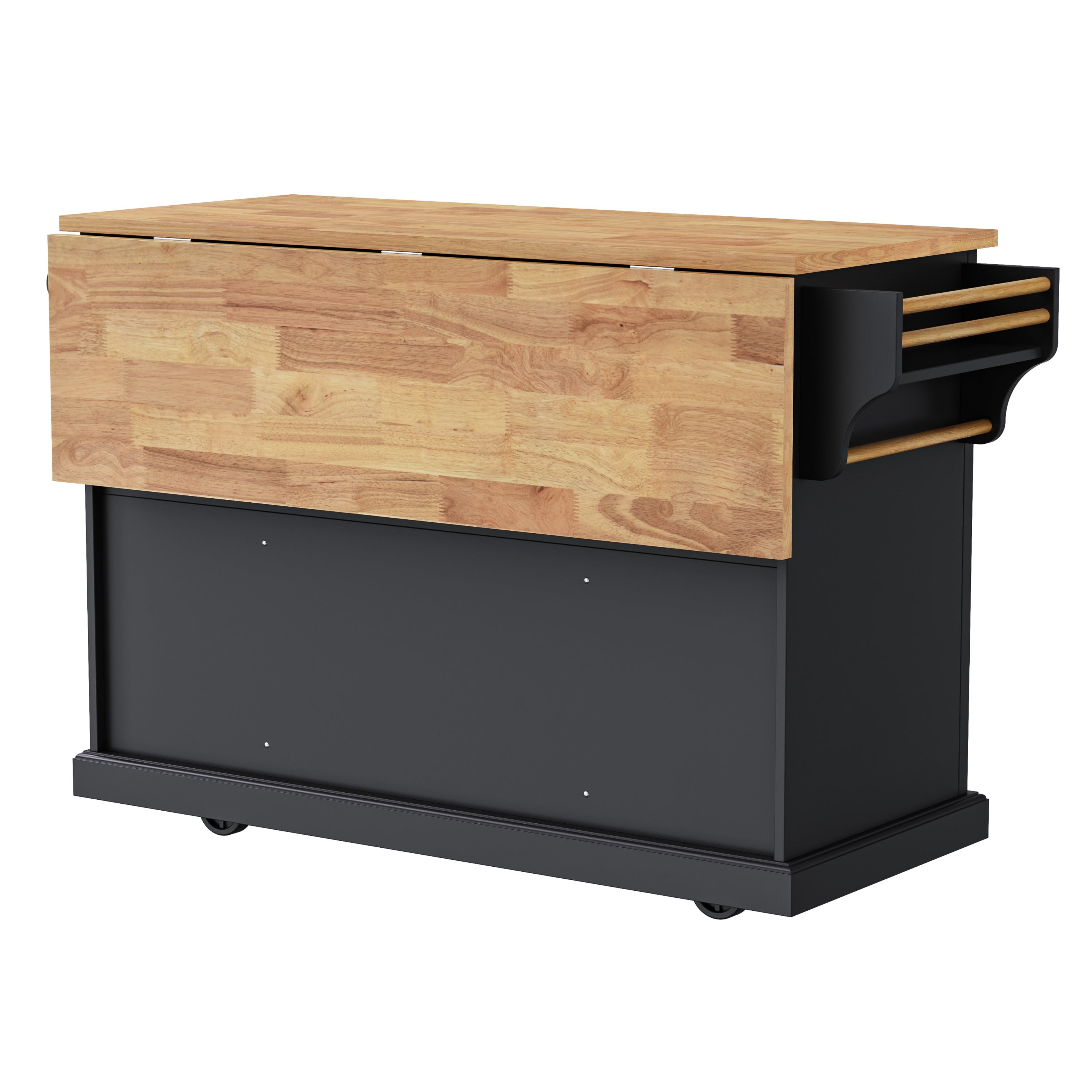 K&K 54inch Large Kitchen Island with Rubber Wood Drop Leaf, Embossed Texture Rolling Kitchen Cart on 4 Wheels with 4 Doors and 3 Drawers, Kitchen Island with Storage for Kitchen, Dining Room,Black - Grand Goldman Shop