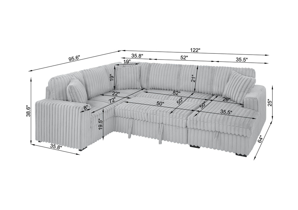 122 Inch Pull Out Couch, Rabbit plush Fabric Sofa Bed with USB Ports & Comfy Upholstered, Oversized U Shape Sectional Sleeper Sofa Bed with Storage Chaise, Grey - Grand Goldman Shop