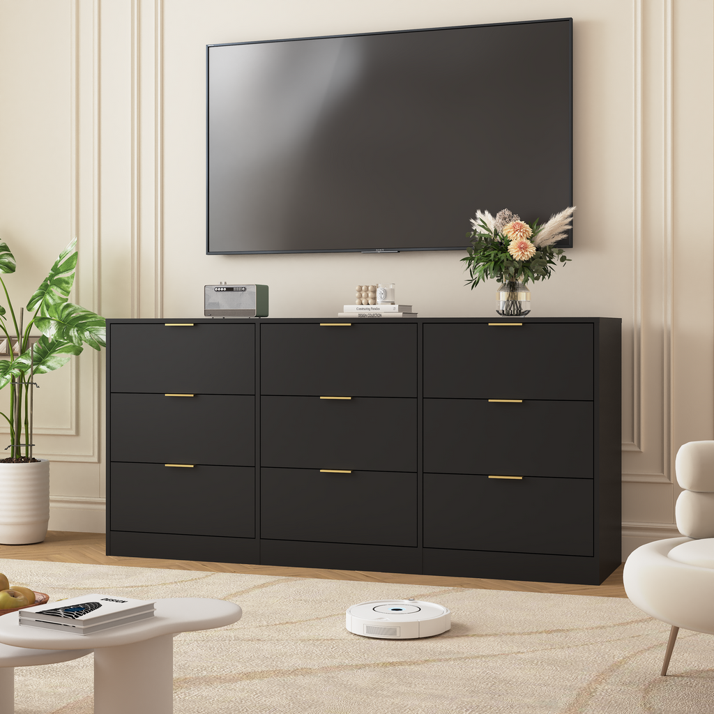 Black 9 Drawer Dresser, 63' Large Deep Chest of Drawers, Wooden Dresser Storage Cabinet with 9 Drawers for Bedroom, Long Dressers for Living Room, Hallway - Grand Goldman Shop