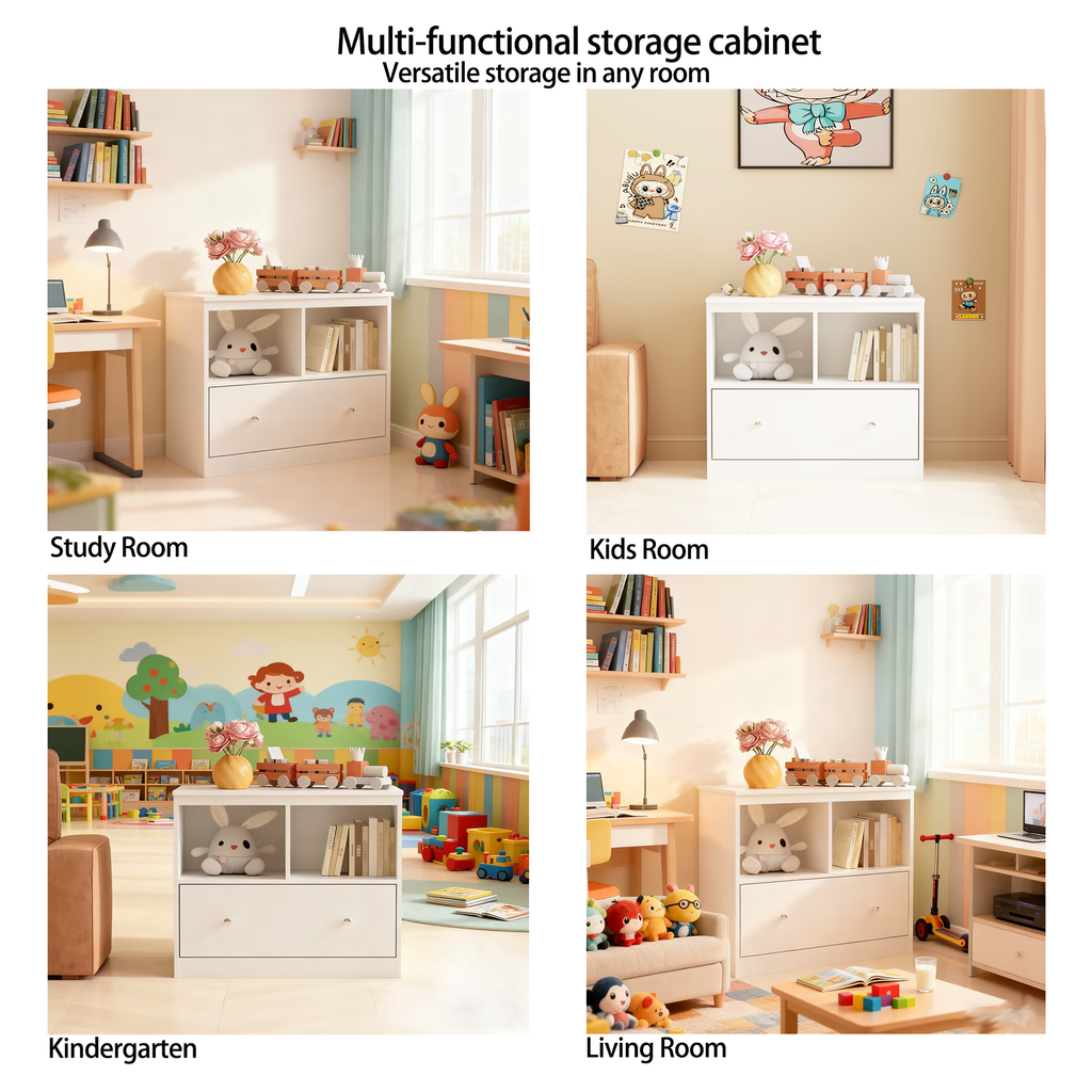 White Wooden Kids Toy Storage Organizer with Large Drawer and Low Bookshelf for Nursery & Playroom, Engineered Wood Cabinet f