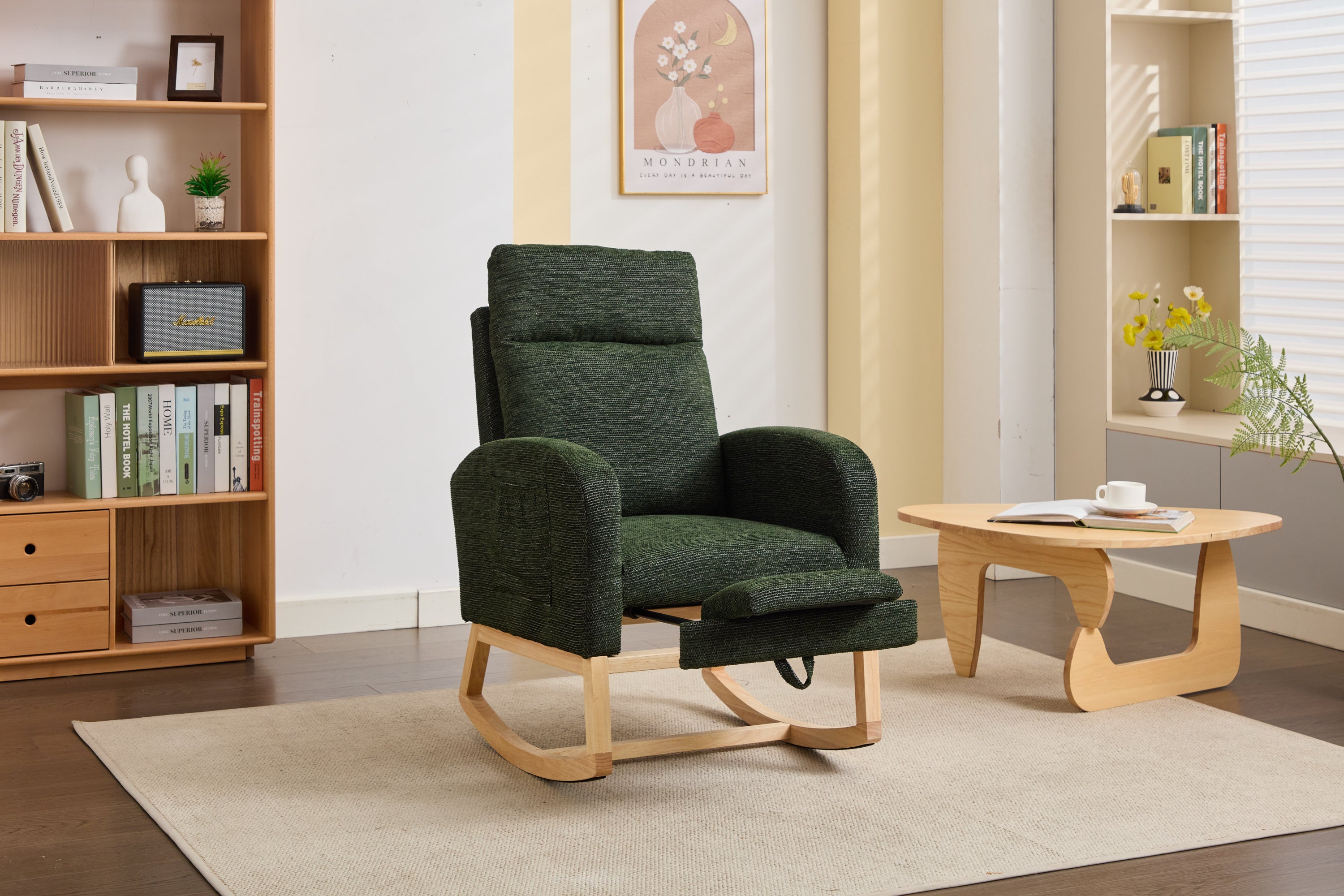 Modern Accent Rocking Chair Rocking Chair with Solid Wood Legs, Upholstered Nursery Glider Rocker, Comfy Armchair with Side Pocket, Living Room Lounge Arm Chair with High Backrest fabric - Grand Goldman Shop