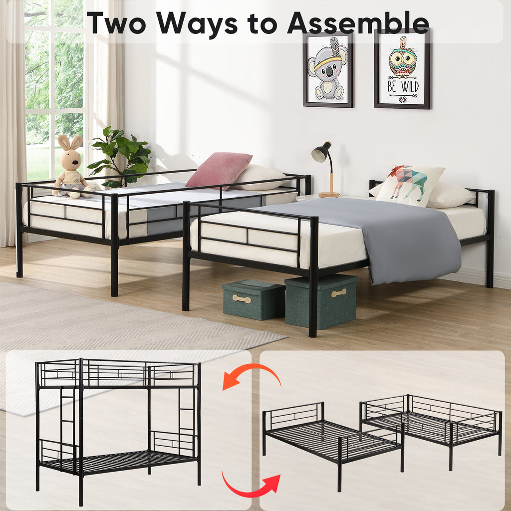 Modern Twin Over Twin Metal Bunk Bed with Trundle Black Durable Space-Saving Design - Grand Goldman Shop