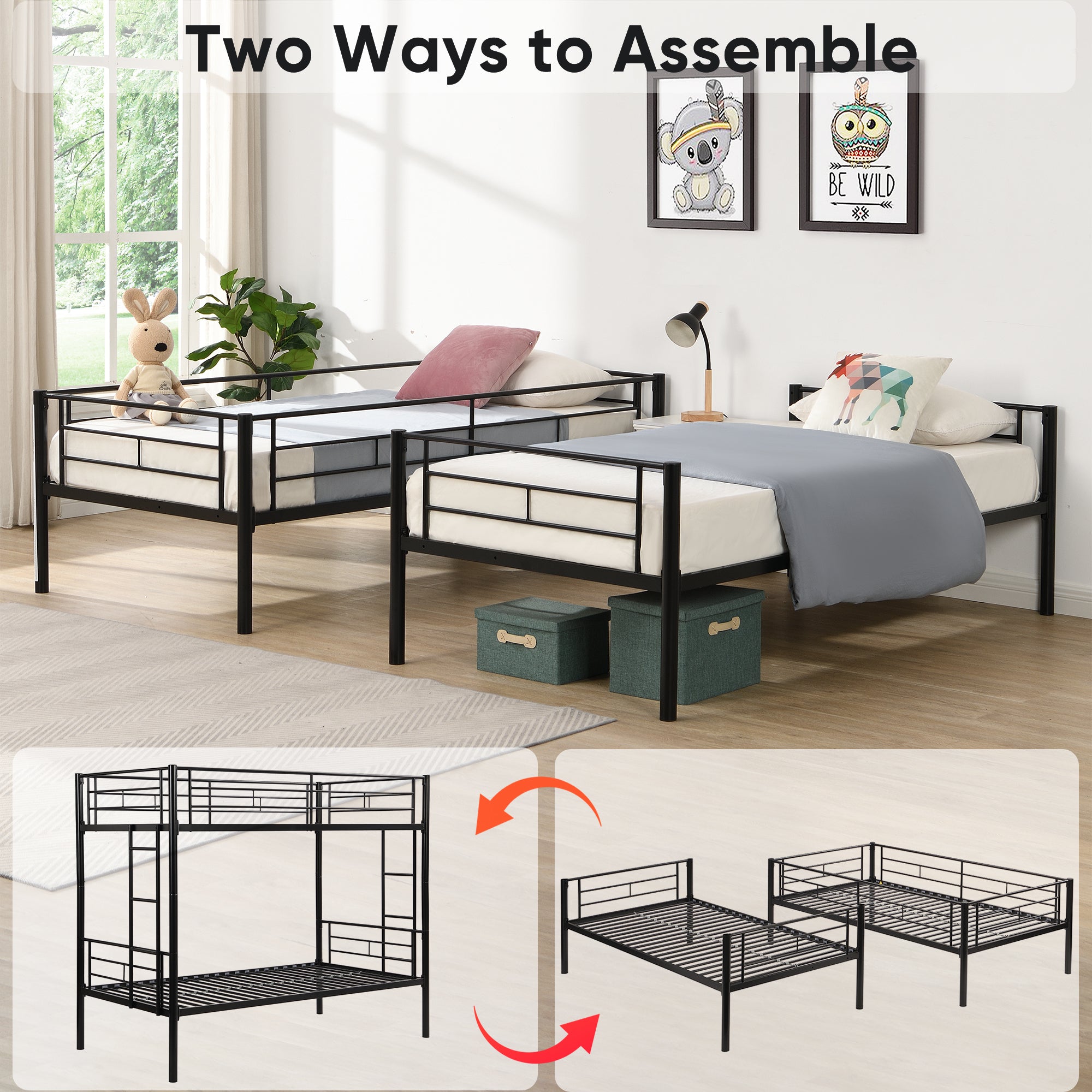 Modern Twin Over Twin Metal Bunk Bed with Trundle Black Durable Space-Saving Design - Grand Goldman Shop