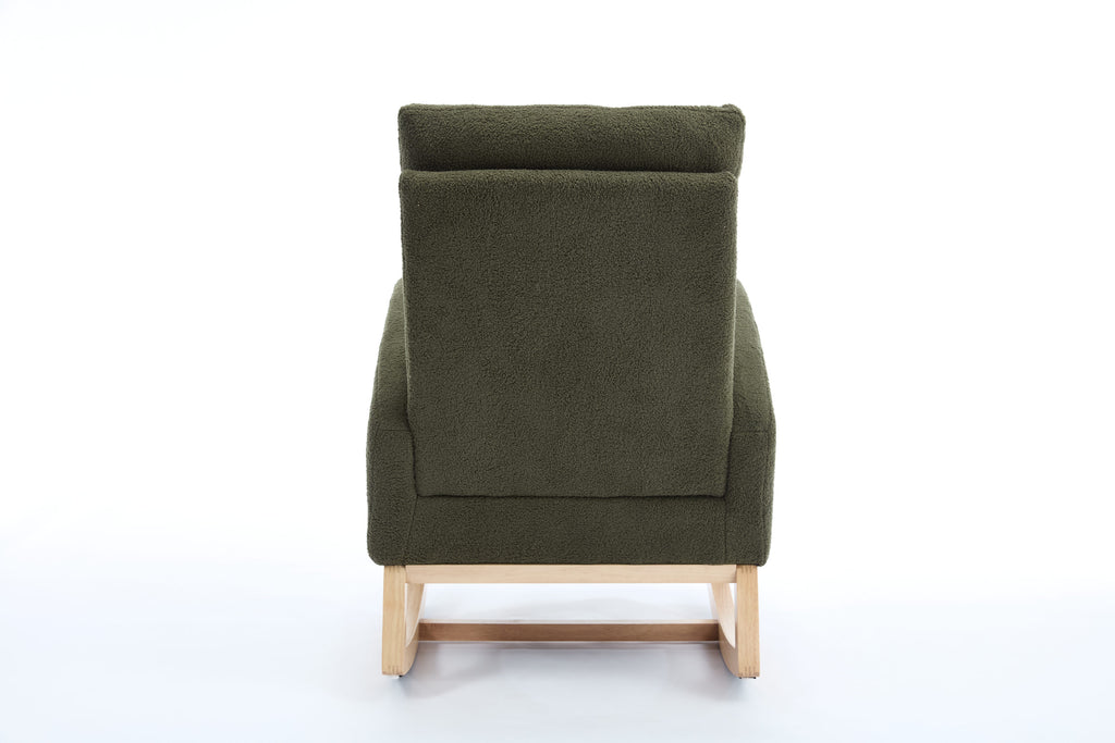 015B-Teddy Fabric Leisure Rocking Chair,Nursery Rocking Chair With Adjustable Footstool,Thickened Headrest And High Backrest, Storage Pocket On The Right Side,The Base Rocker Is Solid Wood,Green - Grand Goldman Shop