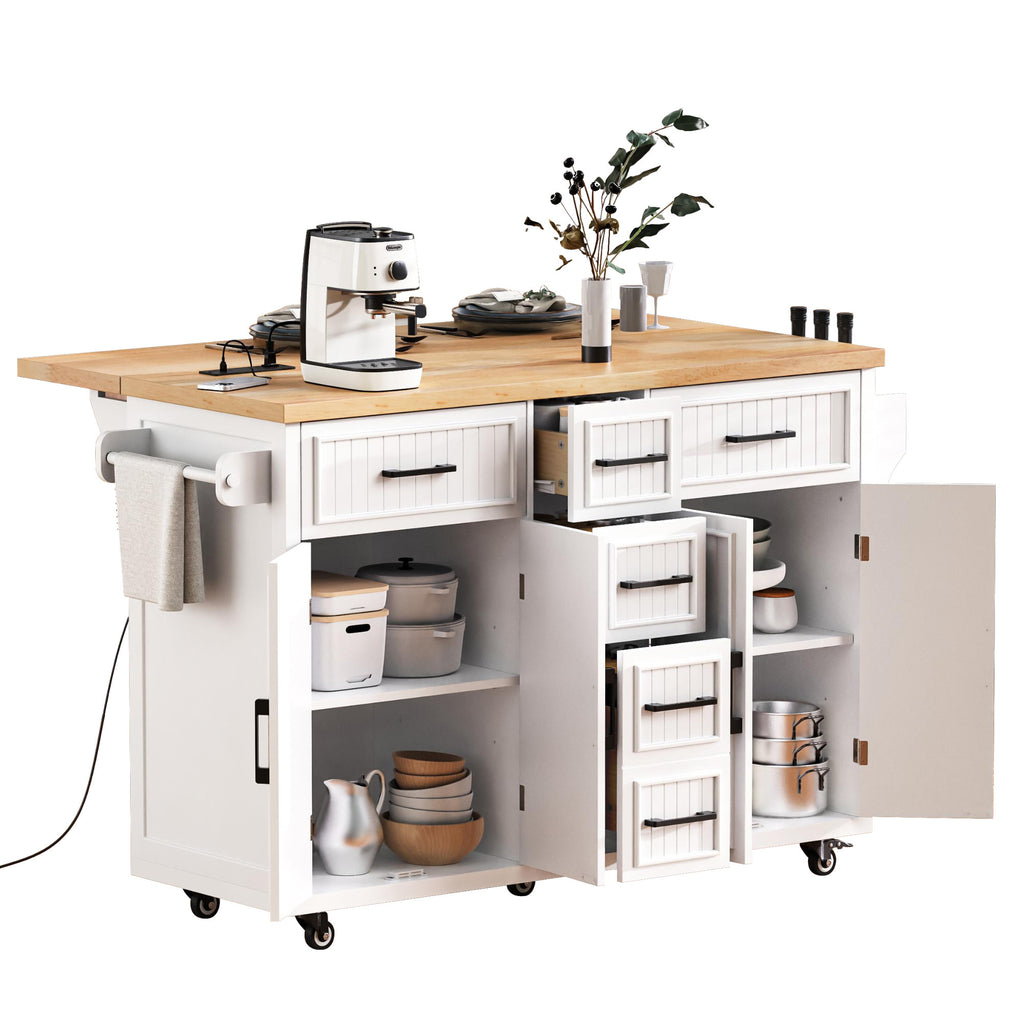 K&K 56.5'' Kitchen Island with Drop Leaf, Power Outlet, Embossed Vertical Stripe Rolling Kitchen Cart on Wheels with 4 Doors , 5 Deep Drawers and Adjustable Shelves, for Kitchen, Dining Room, White - Grand Goldman Shop